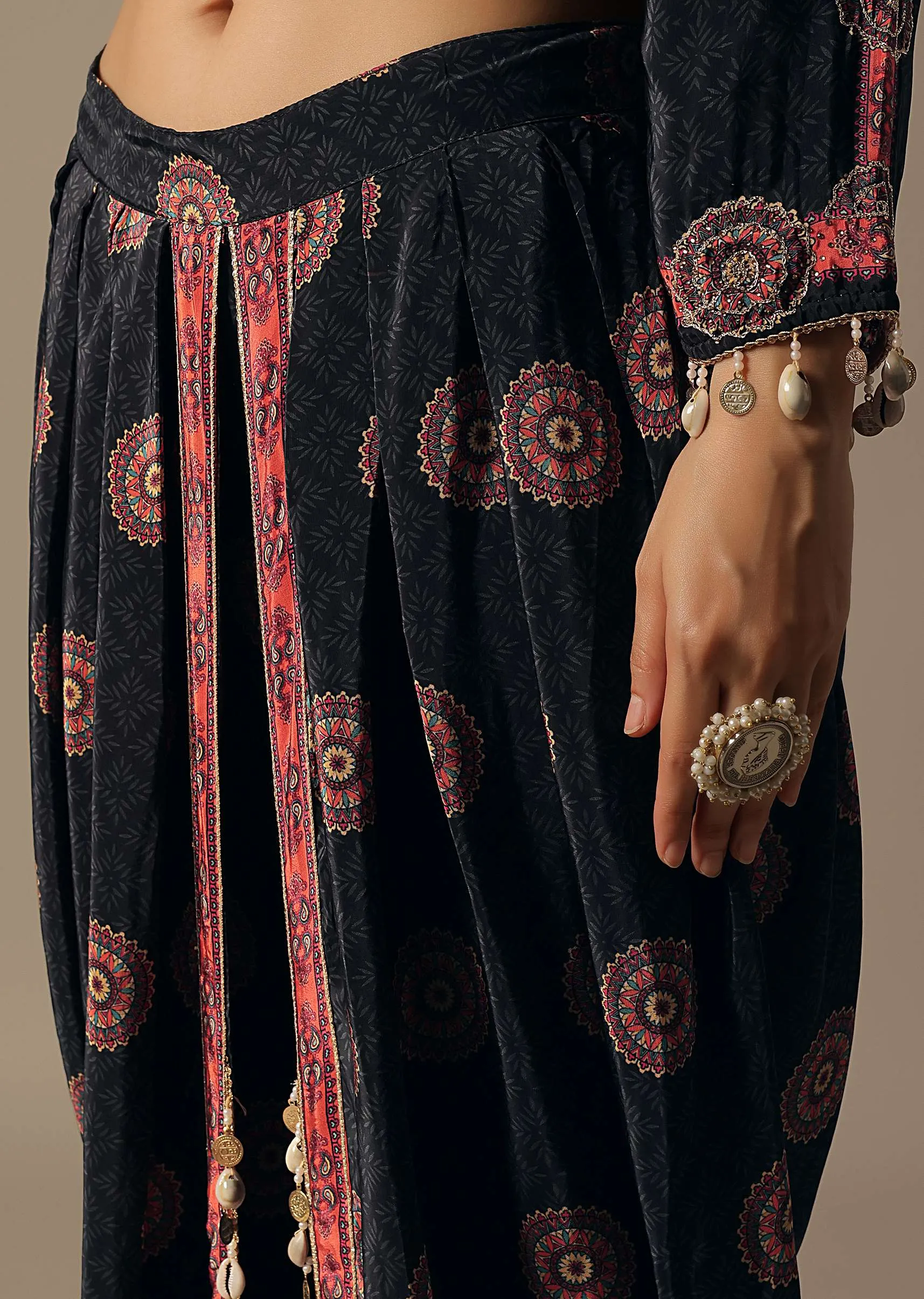 Black Floral Printed Dhoti Set With Potli Bag