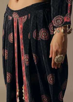 Black Floral Printed Dhoti Set With Potli Bag