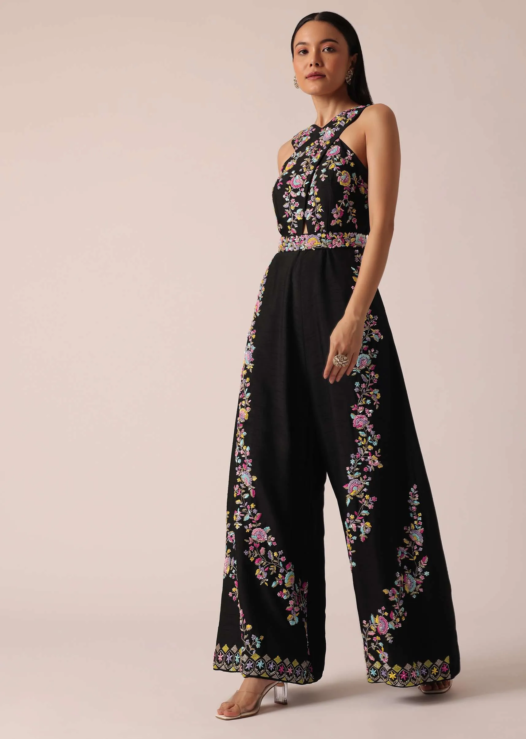 Black Jumpsuit With Floral Motif Embroidery
