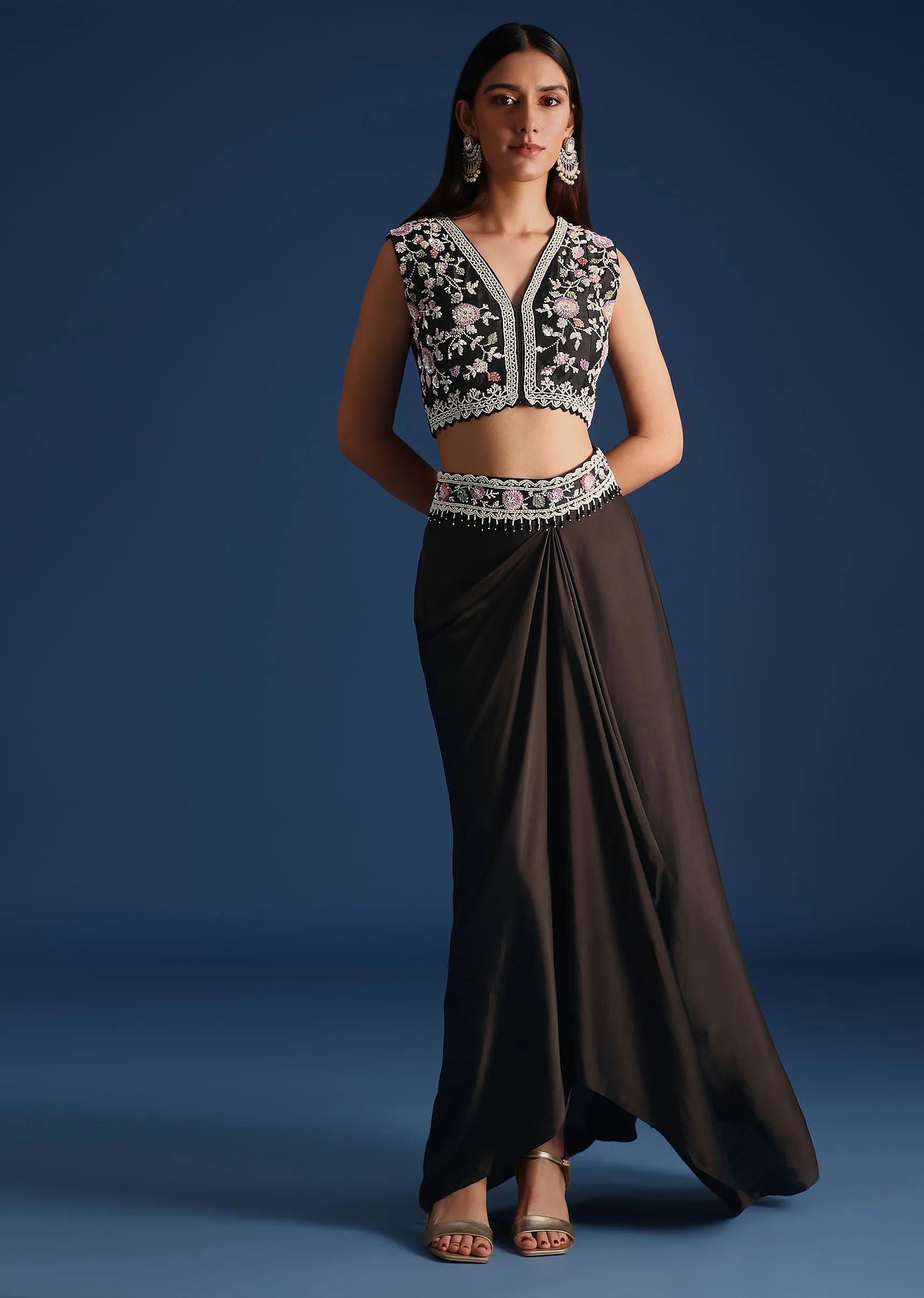 Black Organza Jacket With Embroidered Crop Top And Draped Skirt
