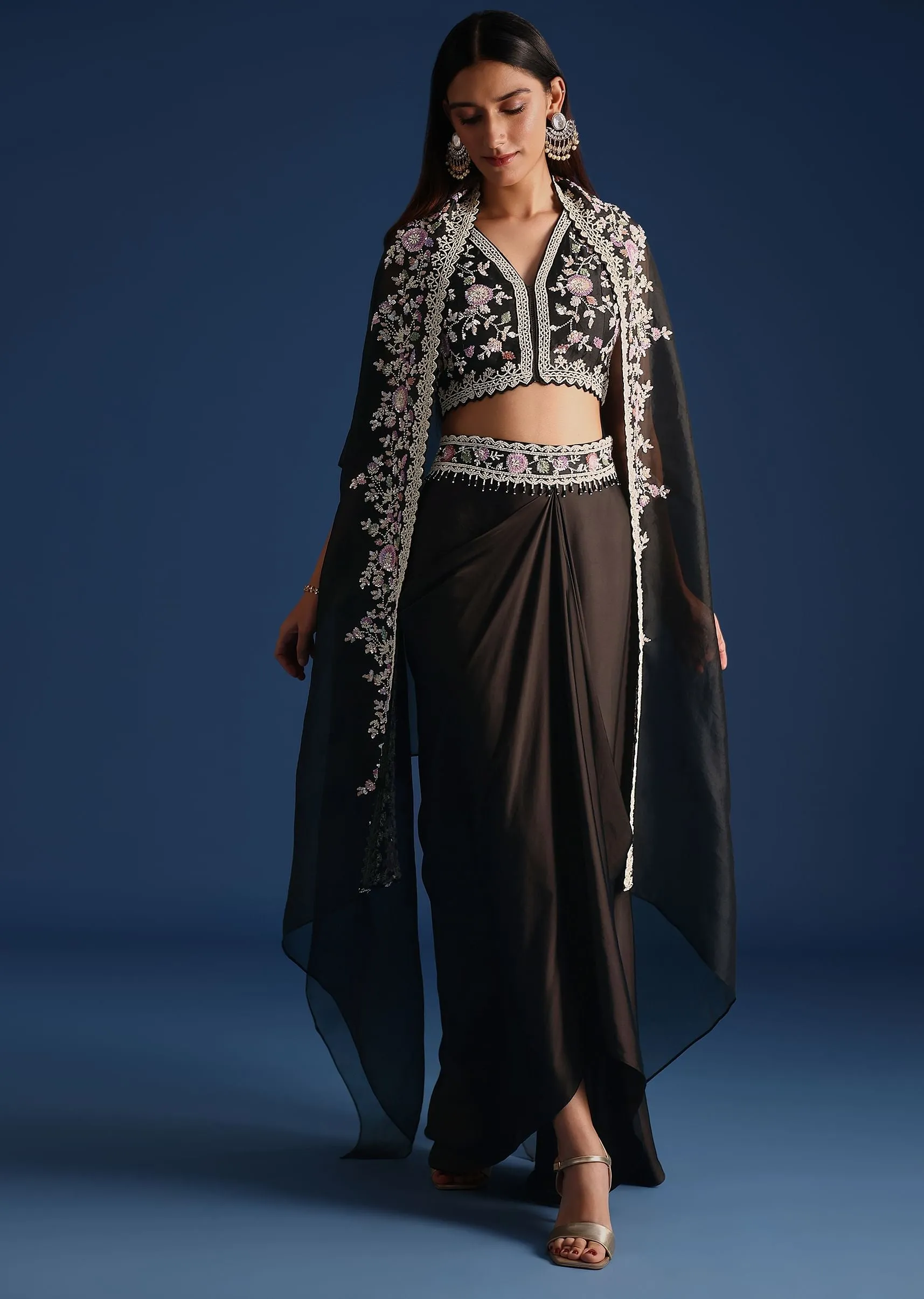 Black Organza Jacket With Embroidered Crop Top And Draped Skirt