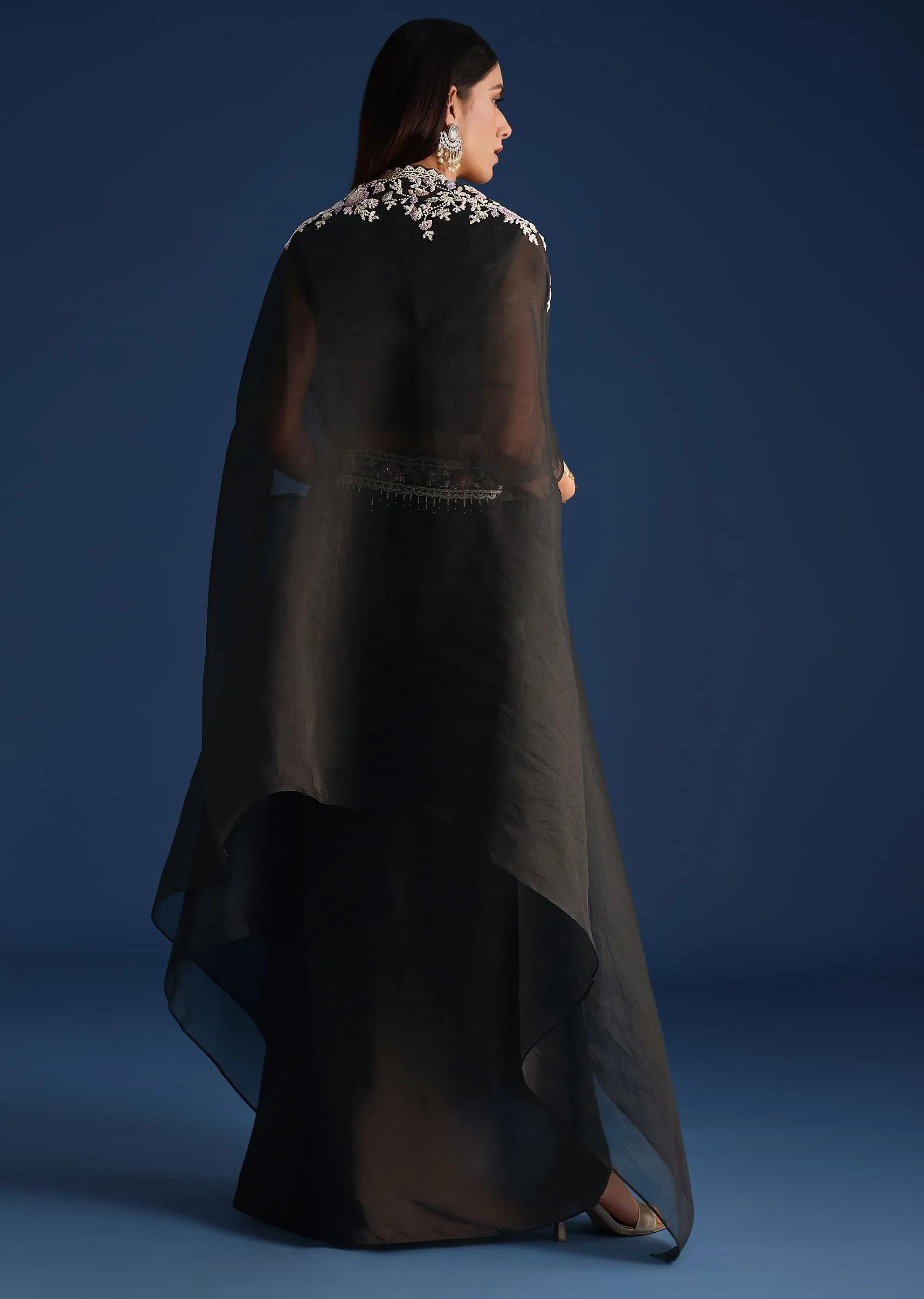 Black Organza Jacket With Embroidered Crop Top And Draped Skirt