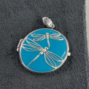 Blue Dragonfly Oval Shape Locket - Sterling Silver