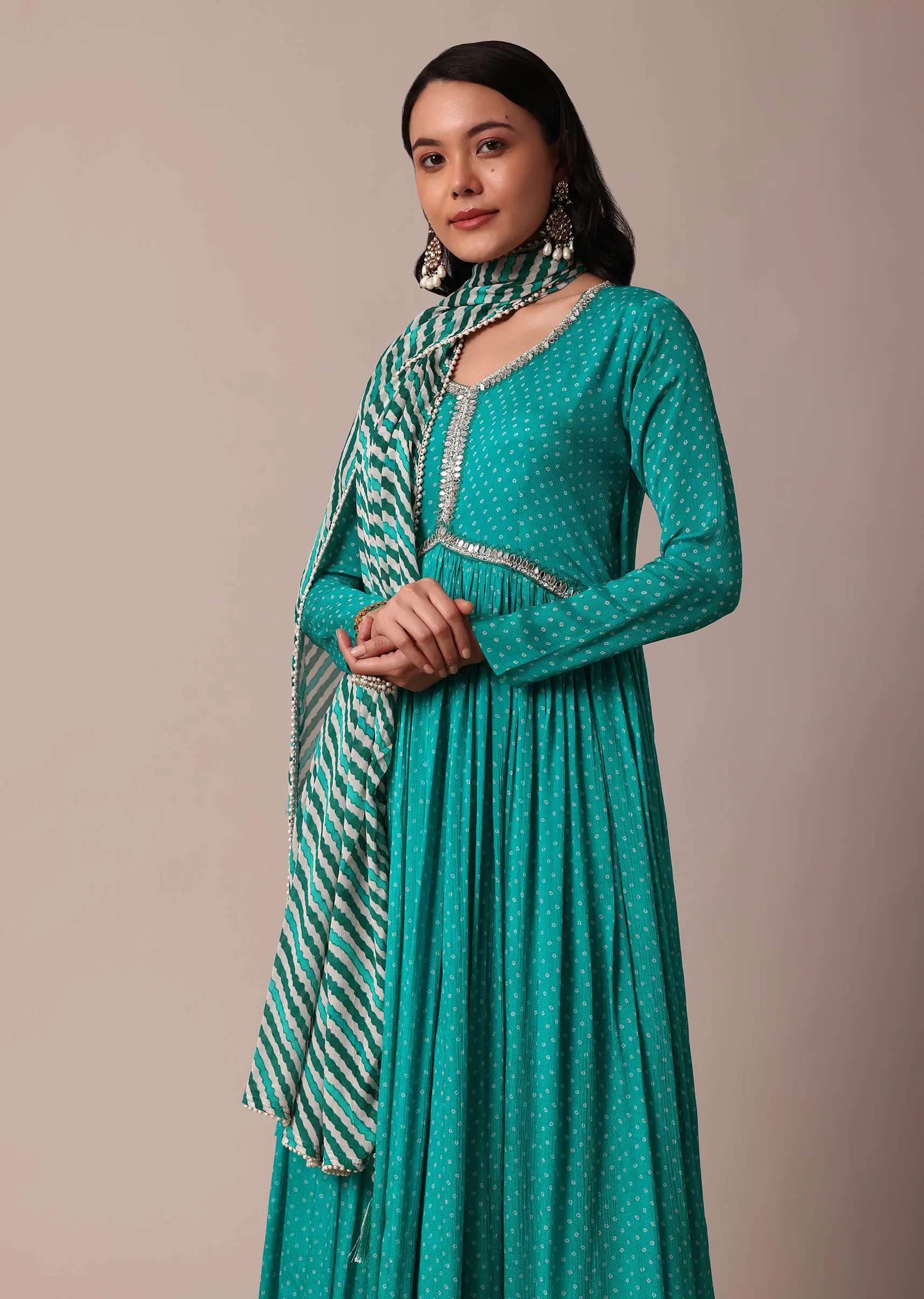 Blue Printed Mirror Work Anarkali With Dupatta