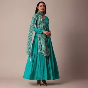 Blue Printed Mirror Work Anarkali With Dupatta