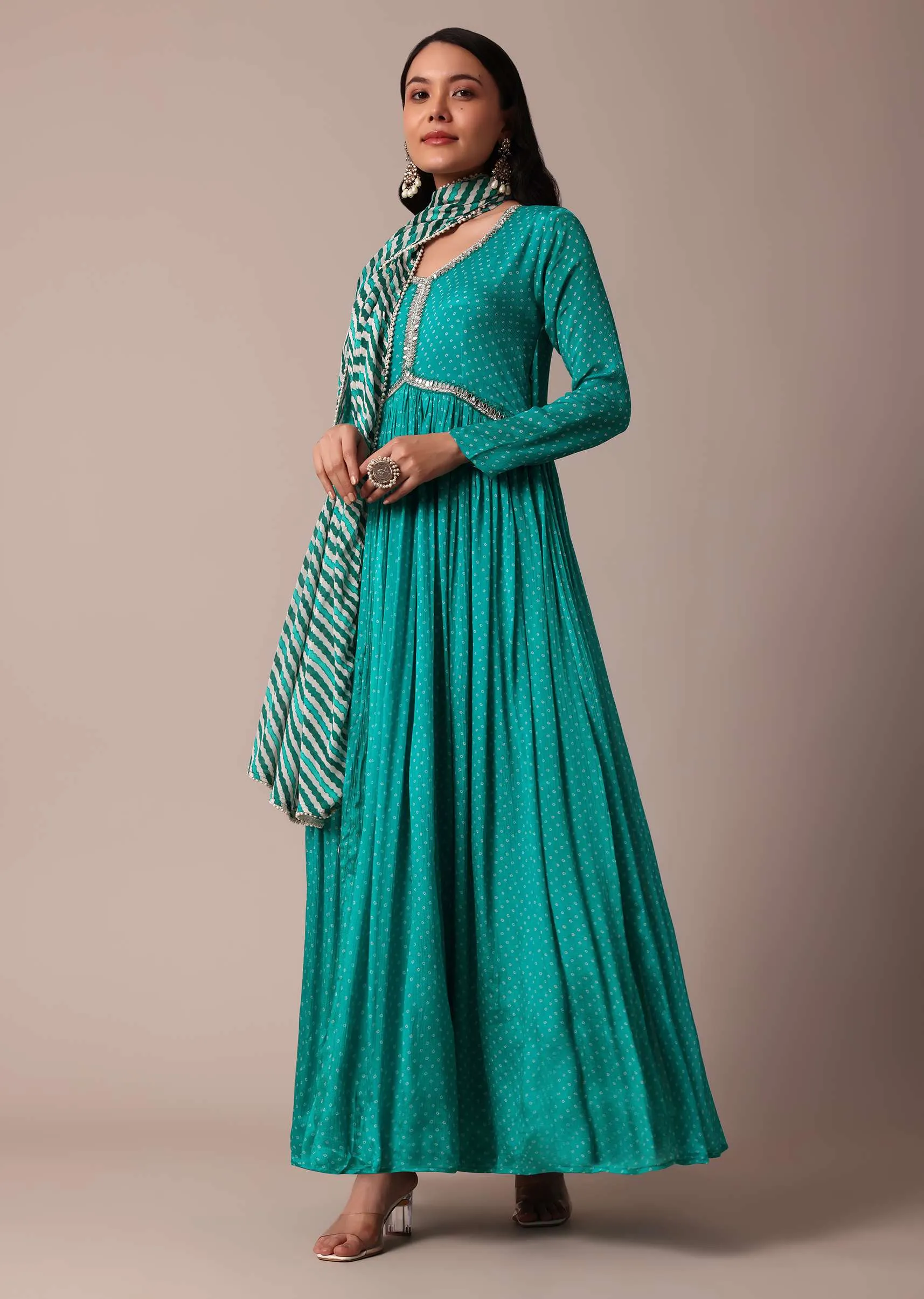 Blue Printed Mirror Work Anarkali With Dupatta