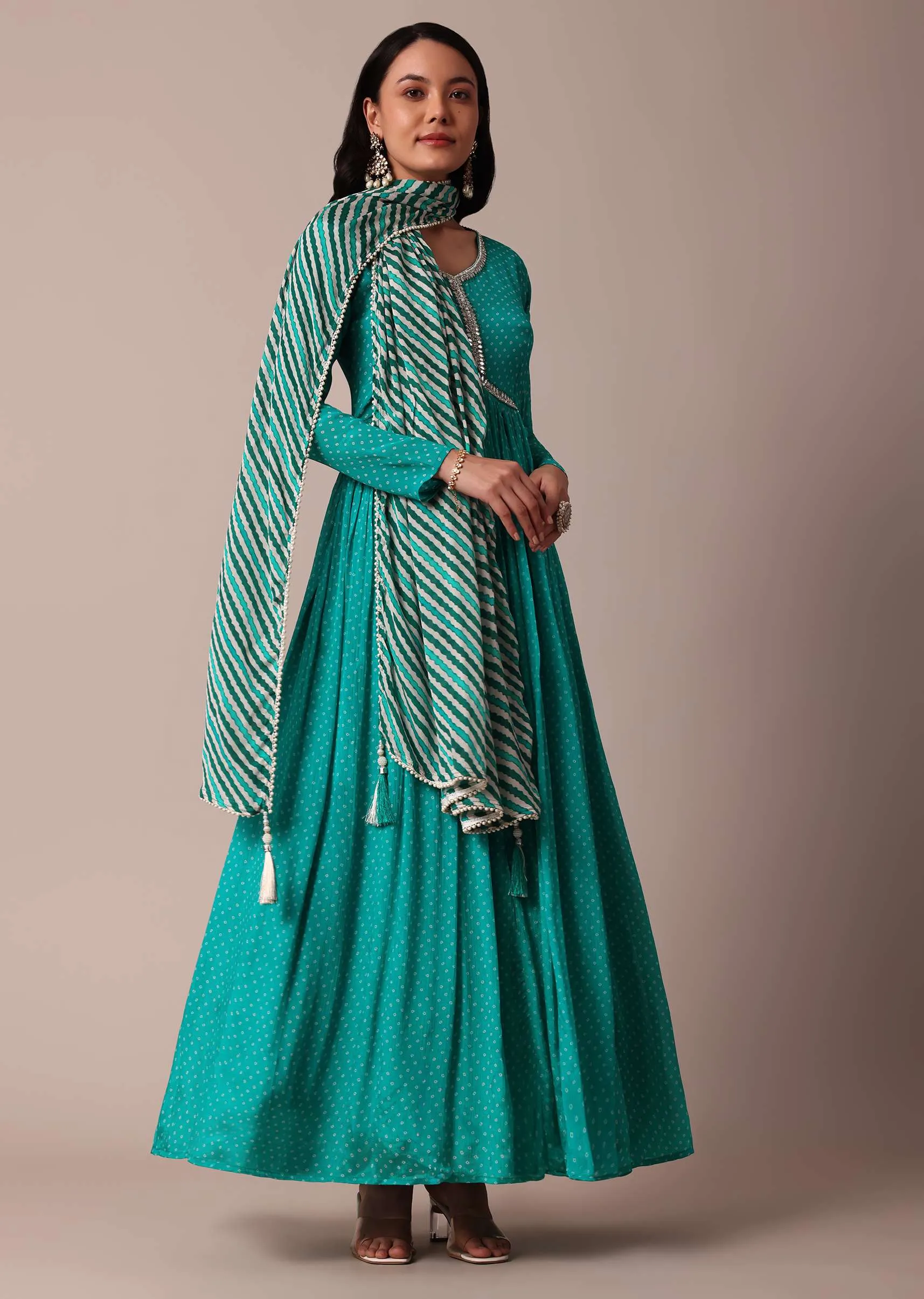 Blue Printed Mirror Work Anarkali With Dupatta