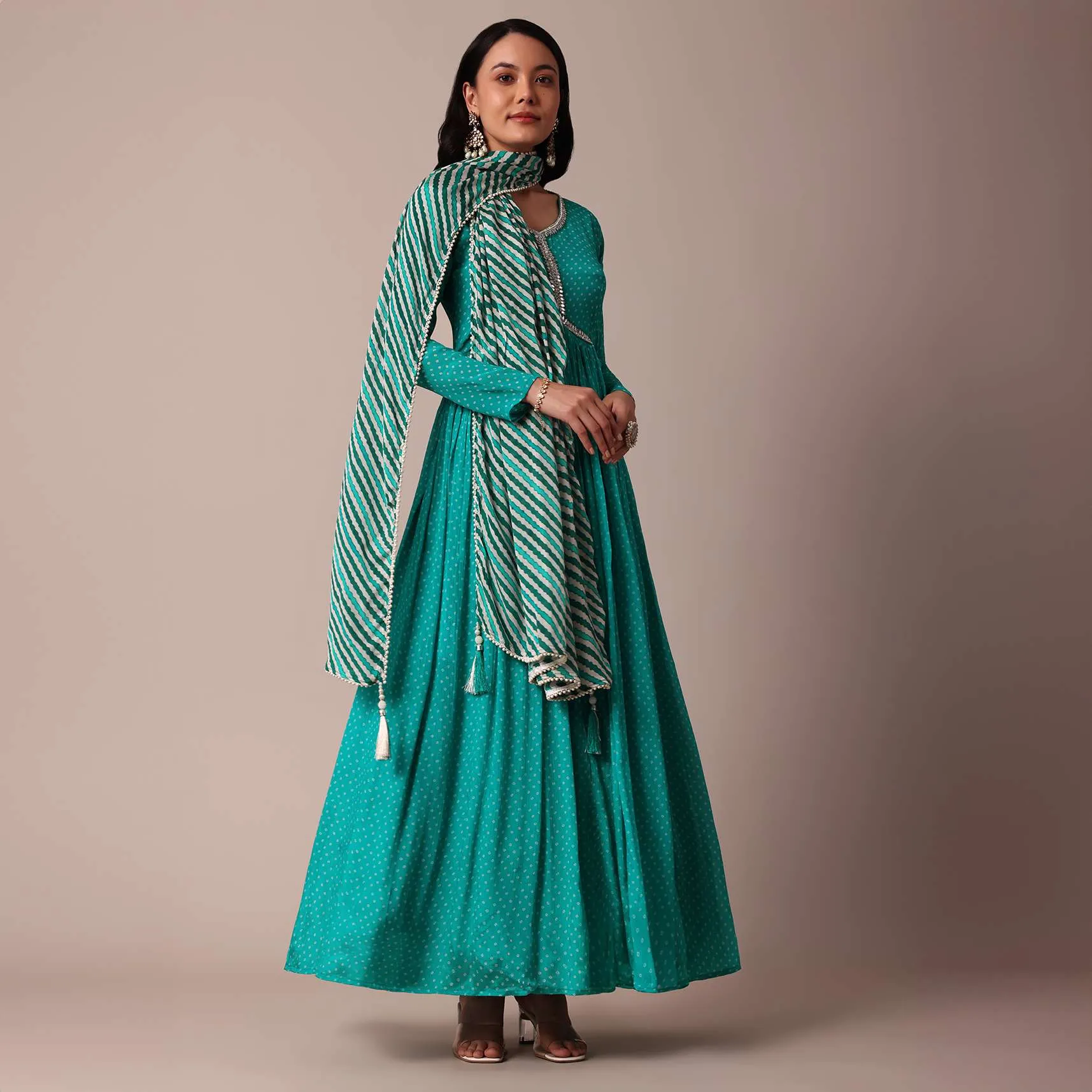 Blue Printed Mirror Work Anarkali With Dupatta
