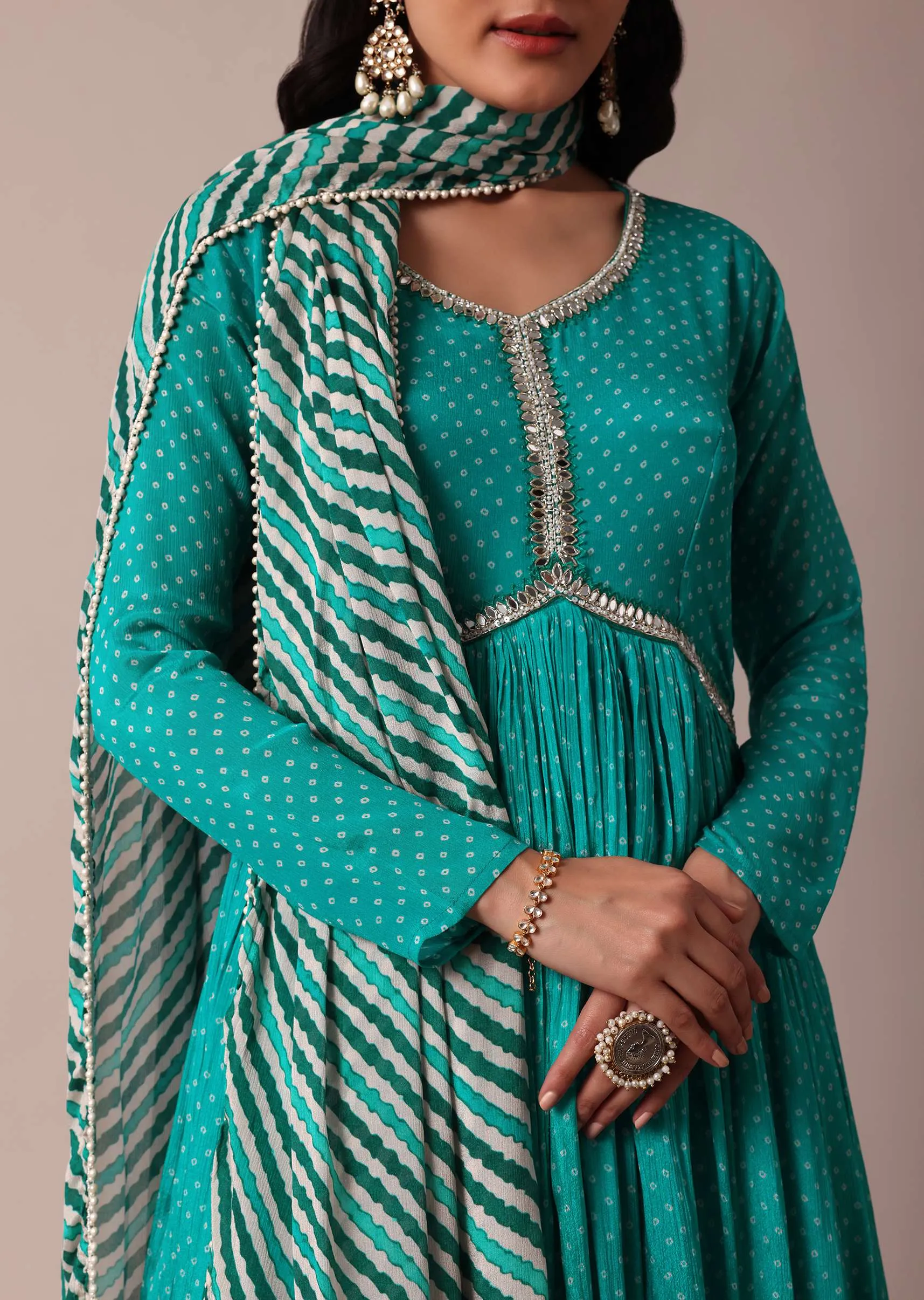 Blue Printed Mirror Work Anarkali With Dupatta