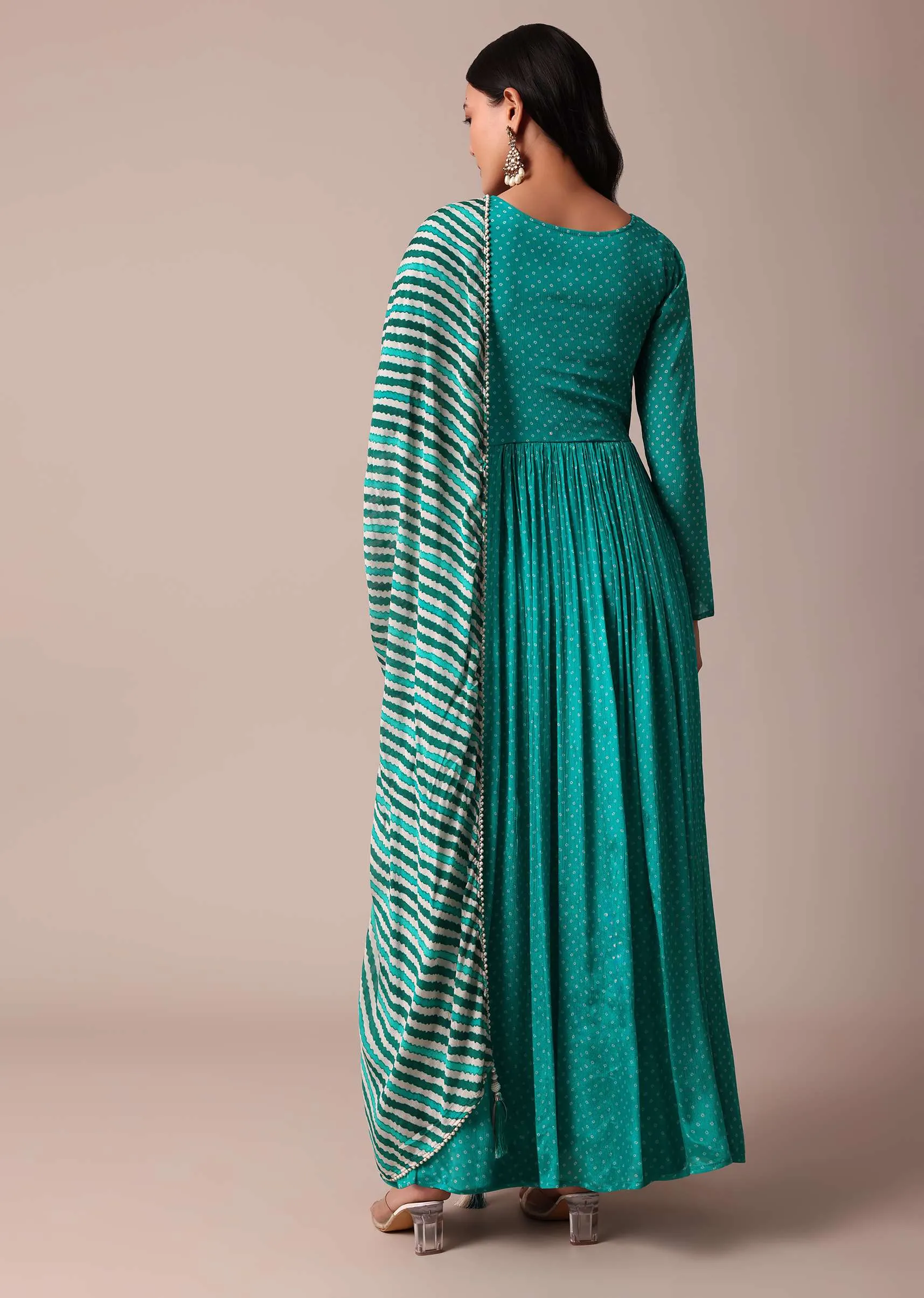 Blue Printed Mirror Work Anarkali With Dupatta