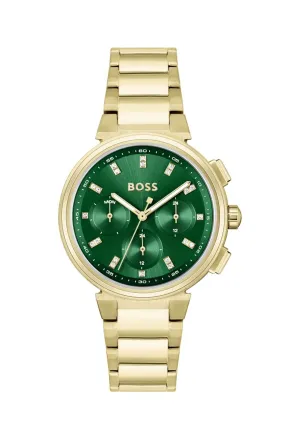 BOSS Ladies One Green Dial Bracelet Watch Gold Plated