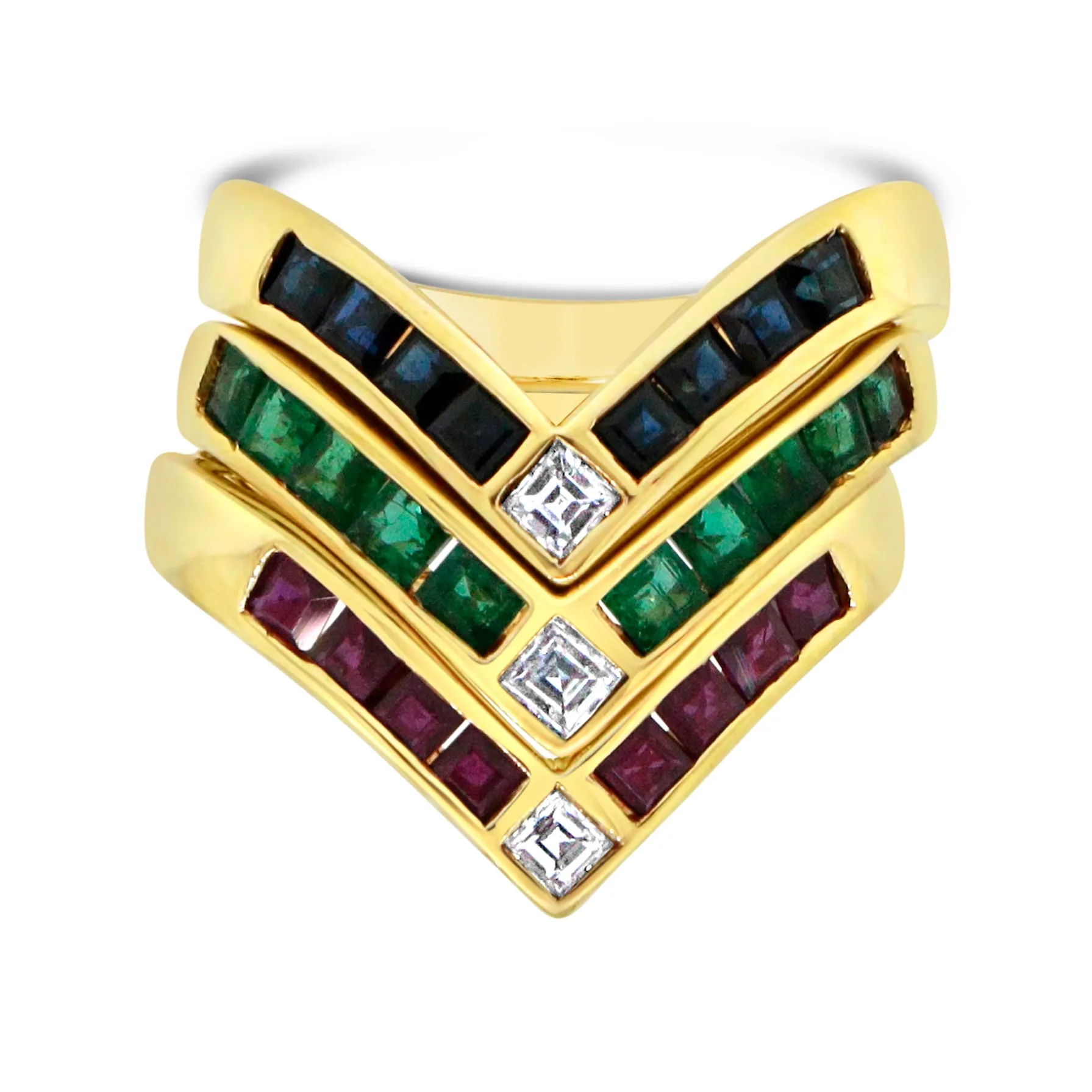 Chevron Diamond and Multi-Precious Gems Stackable Rings - Set of 3