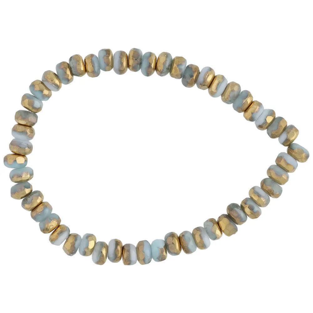Czech Glass Gem Cut Microspacer (3x2mm) Sky Blue Silk Mix with Gold Half Coat Finish , 1 Strand