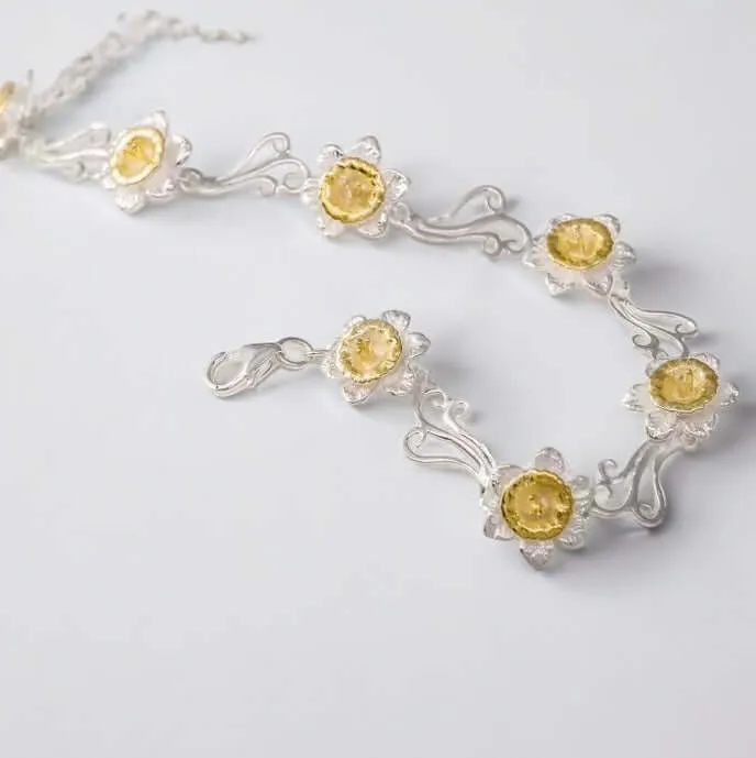 Daffodil Flower Bracelet In Sterling Silver With 14 Carat Gold