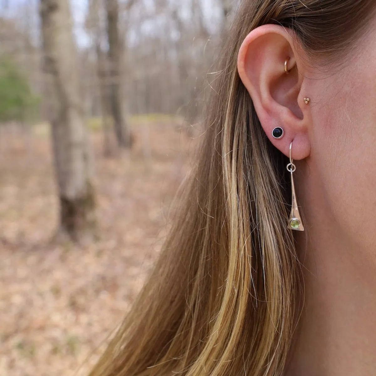 Elongated Triangle Earrings with Peridot Cabochon