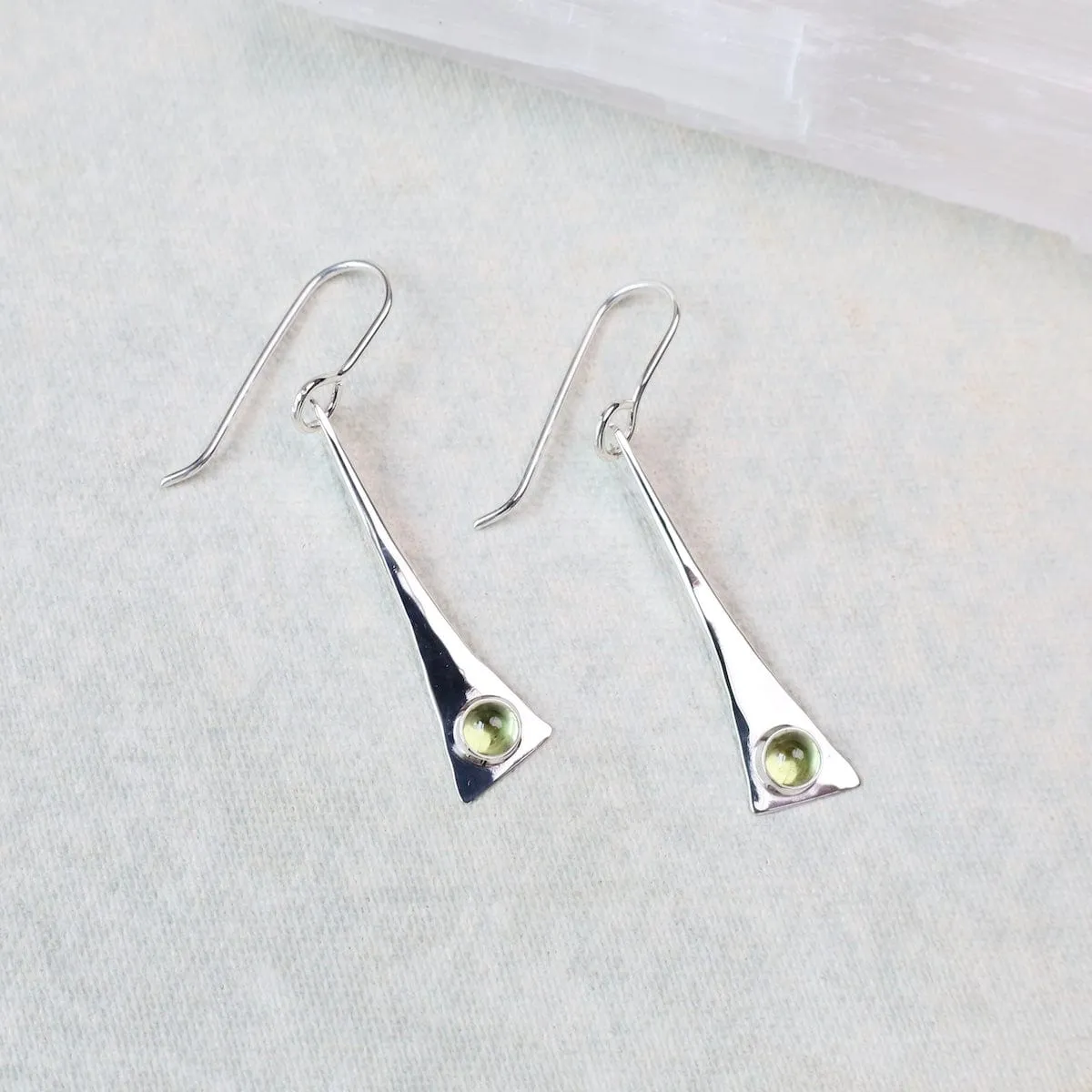 Elongated Triangle Earrings with Peridot Cabochon
