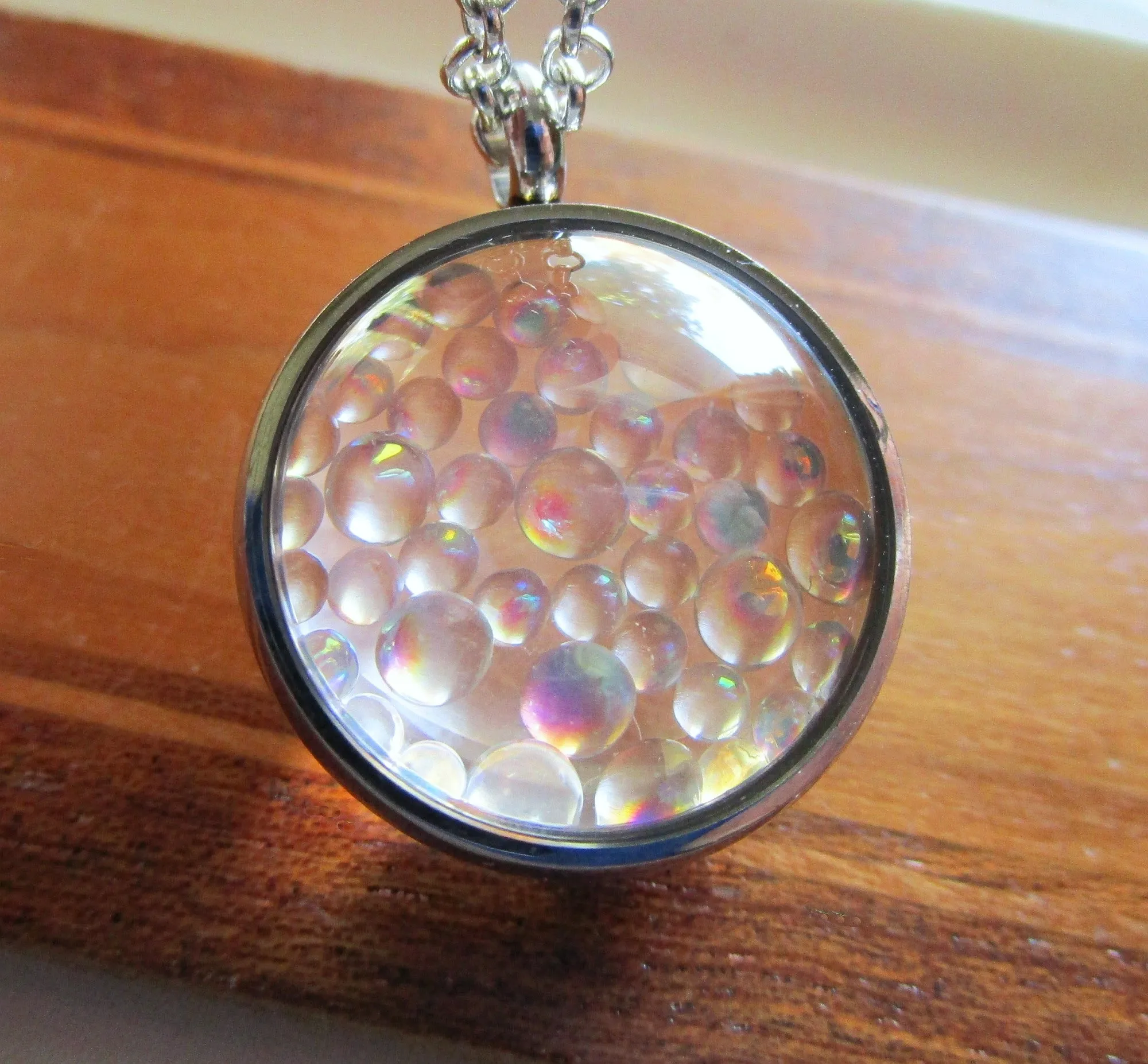 Fairy Orbs Iridescent Double Sided Glass Bubble Locket Necklace