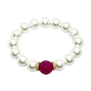 Glass Pearl With 14mm Fuschia Jade Accent Bead Stretch Bracelet