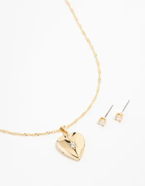 Gold Plated Cubic Zirconia Heart Locket Necklace & Stud Earrings Set
