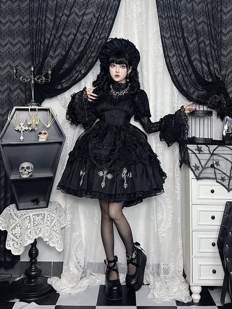 Gothic Lolita Kuro Black Lace Trim Bonnet