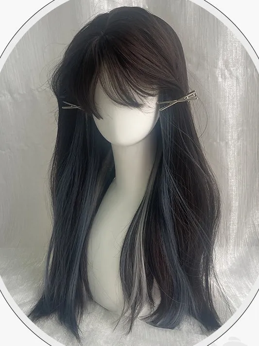 Grey And Blue Highlights Long Straight Synthetic Wig With Bangs