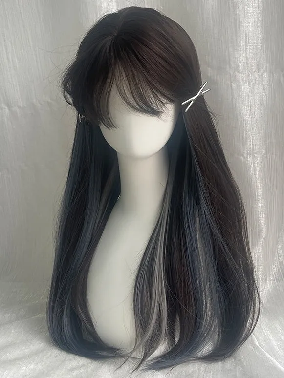 Grey And Blue Highlights Long Straight Synthetic Wig With Bangs