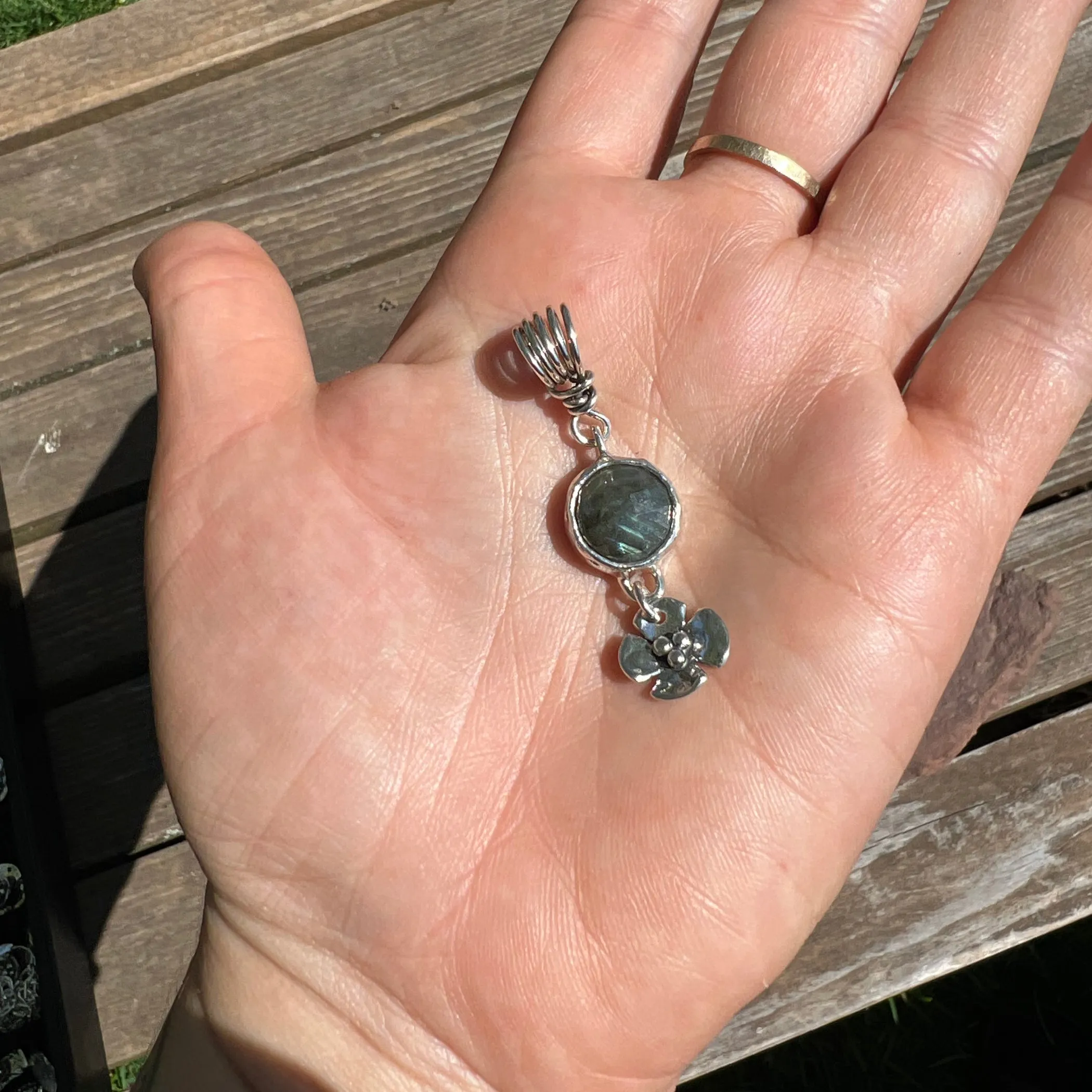 Jade, Labradorite, or Gaspeite Pendant with Dogwood Flower Drop