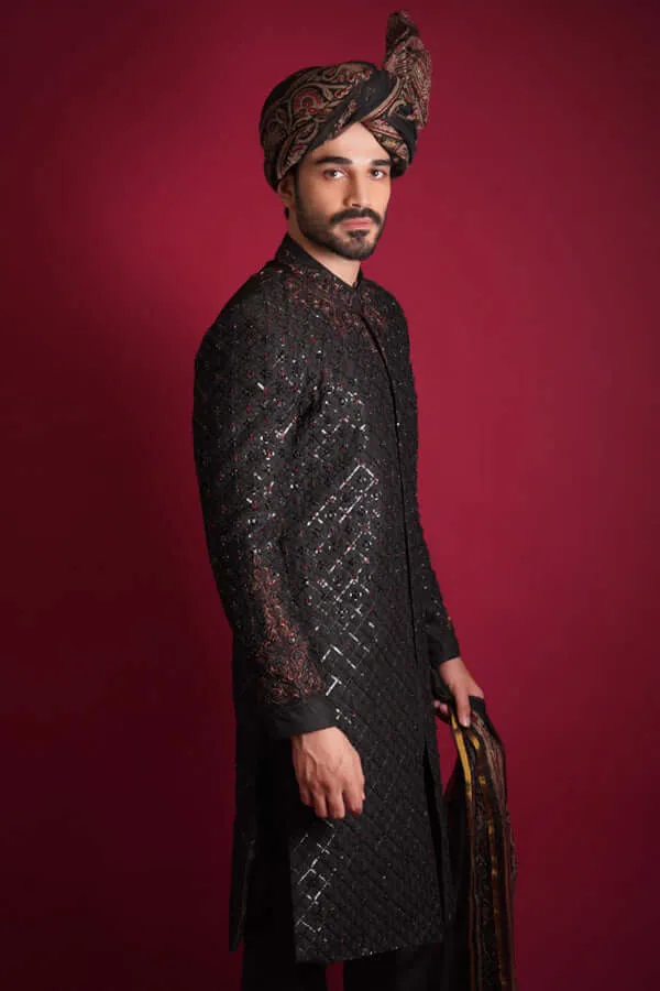 Jet Black Jewel Tones Sherwani