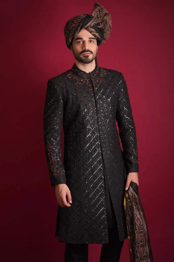 Jet Black Jewel Tones Sherwani