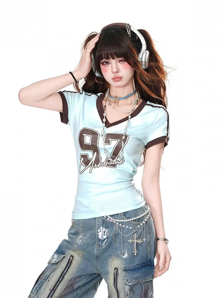 Light Blue/Navy Blue V-Neck Number Contrast Trim Glamorous T-shirt