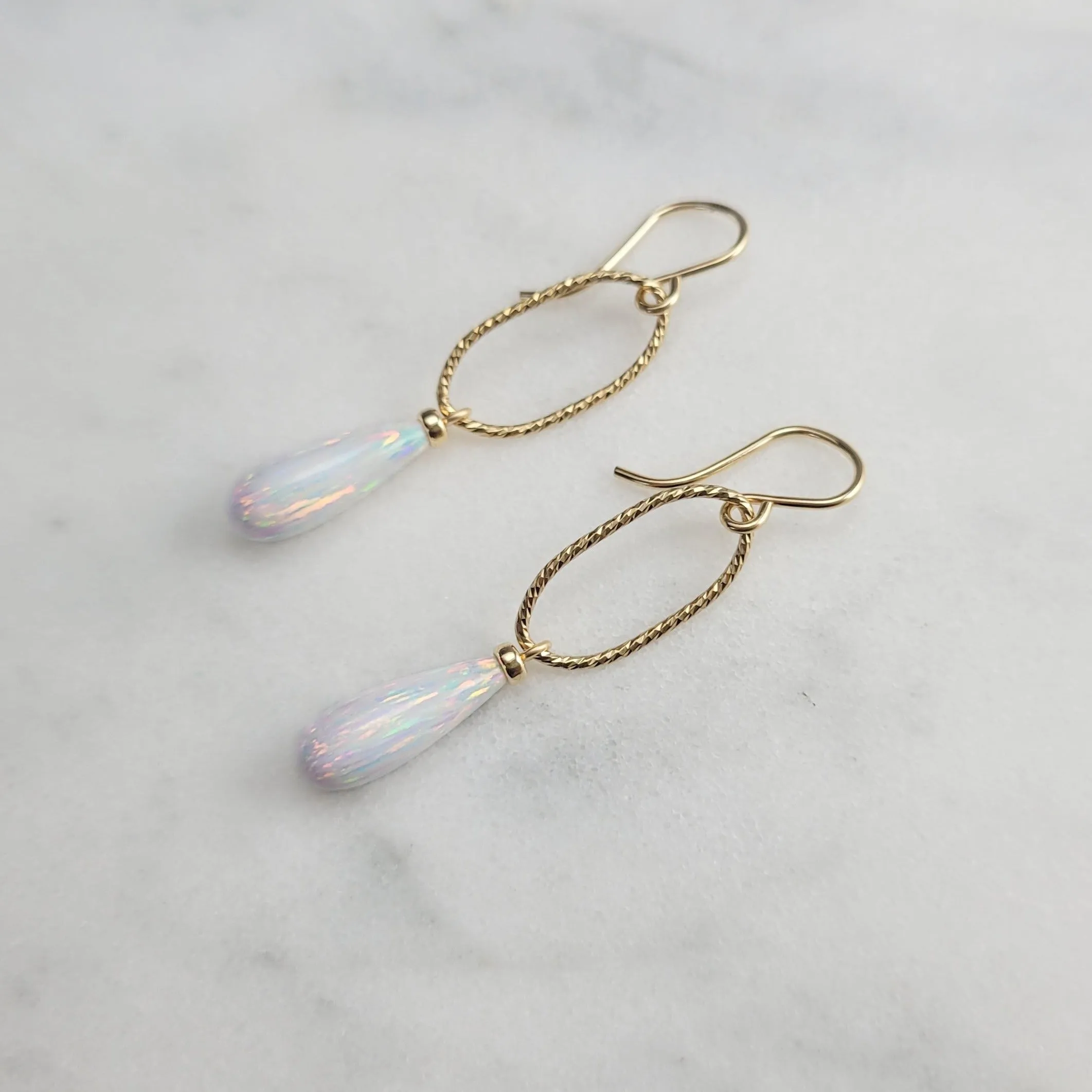 Long White Opal Oval Dangle Earrings