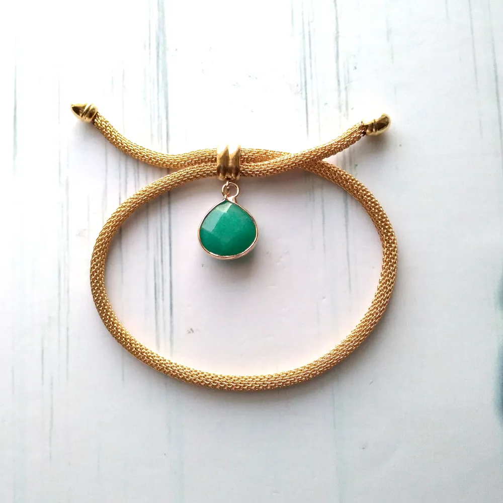 Metal Mesh Slider Bracelet With Teal Jade