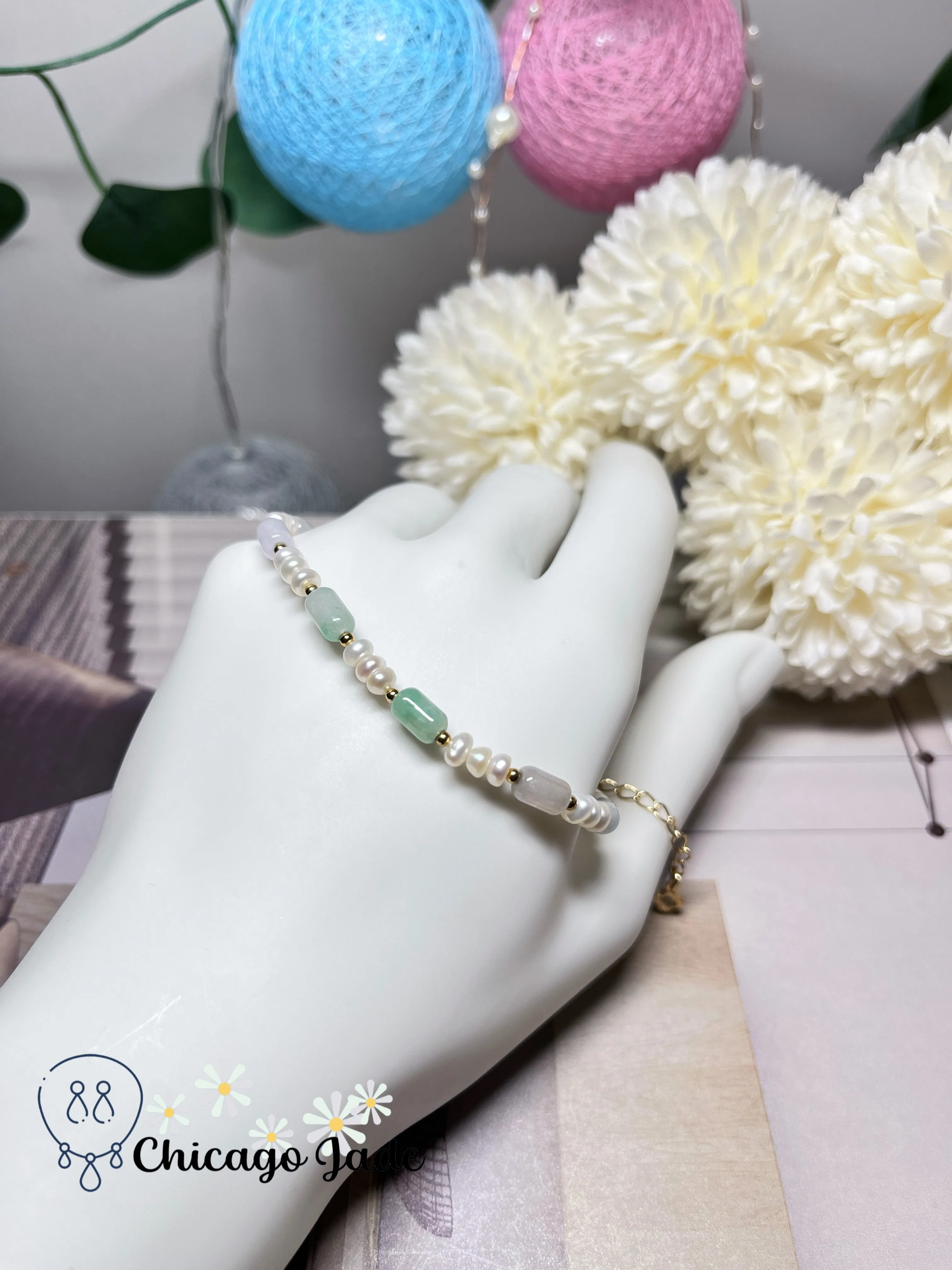 Natural Freshwater Pearls with Natural Untreated Grade A Barrel Shaped Jadeite Jade Feicui Beaded Bracelet