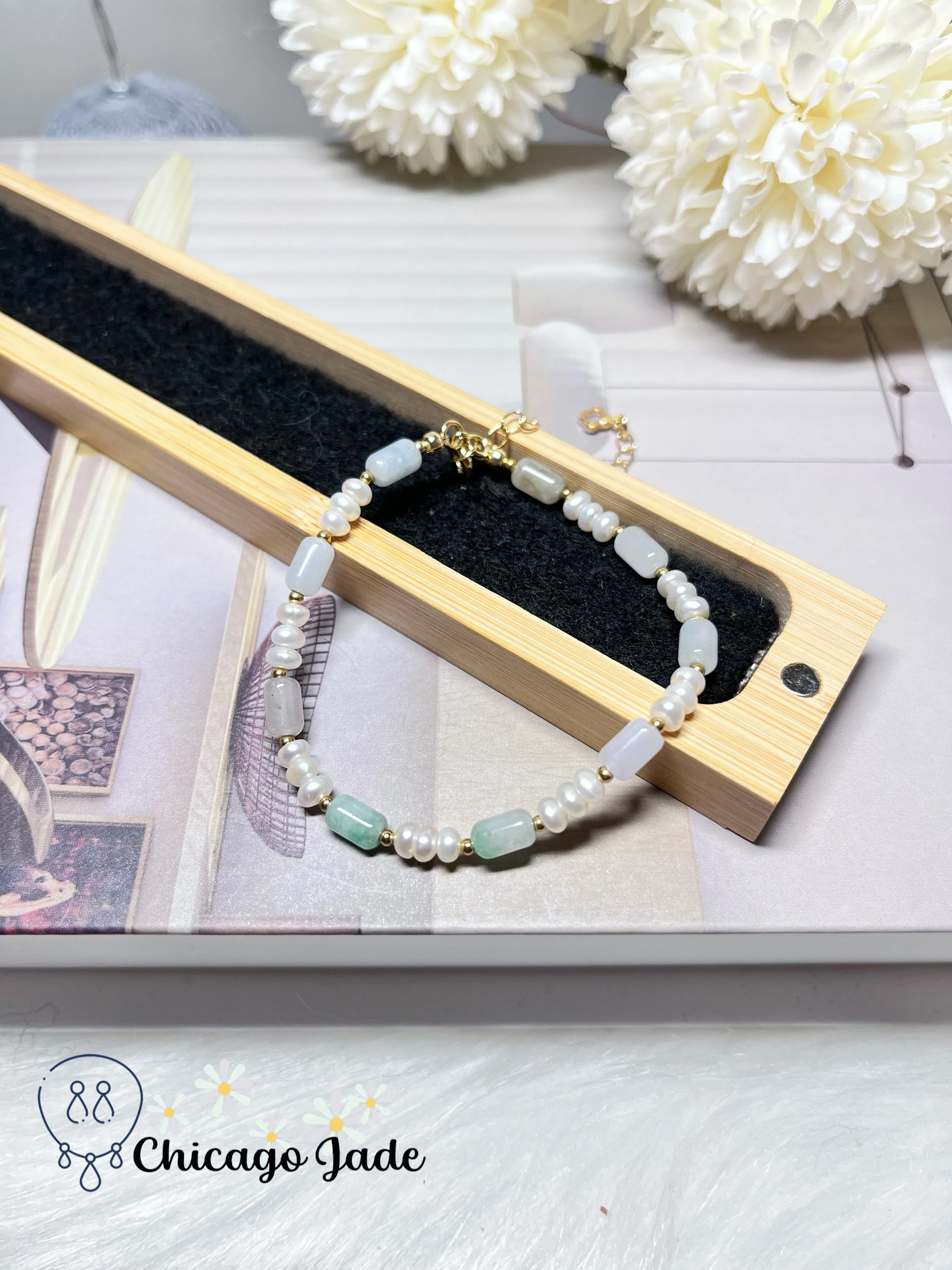 Natural Freshwater Pearls with Natural Untreated Grade A Barrel Shaped Jadeite Jade Feicui Beaded Bracelet