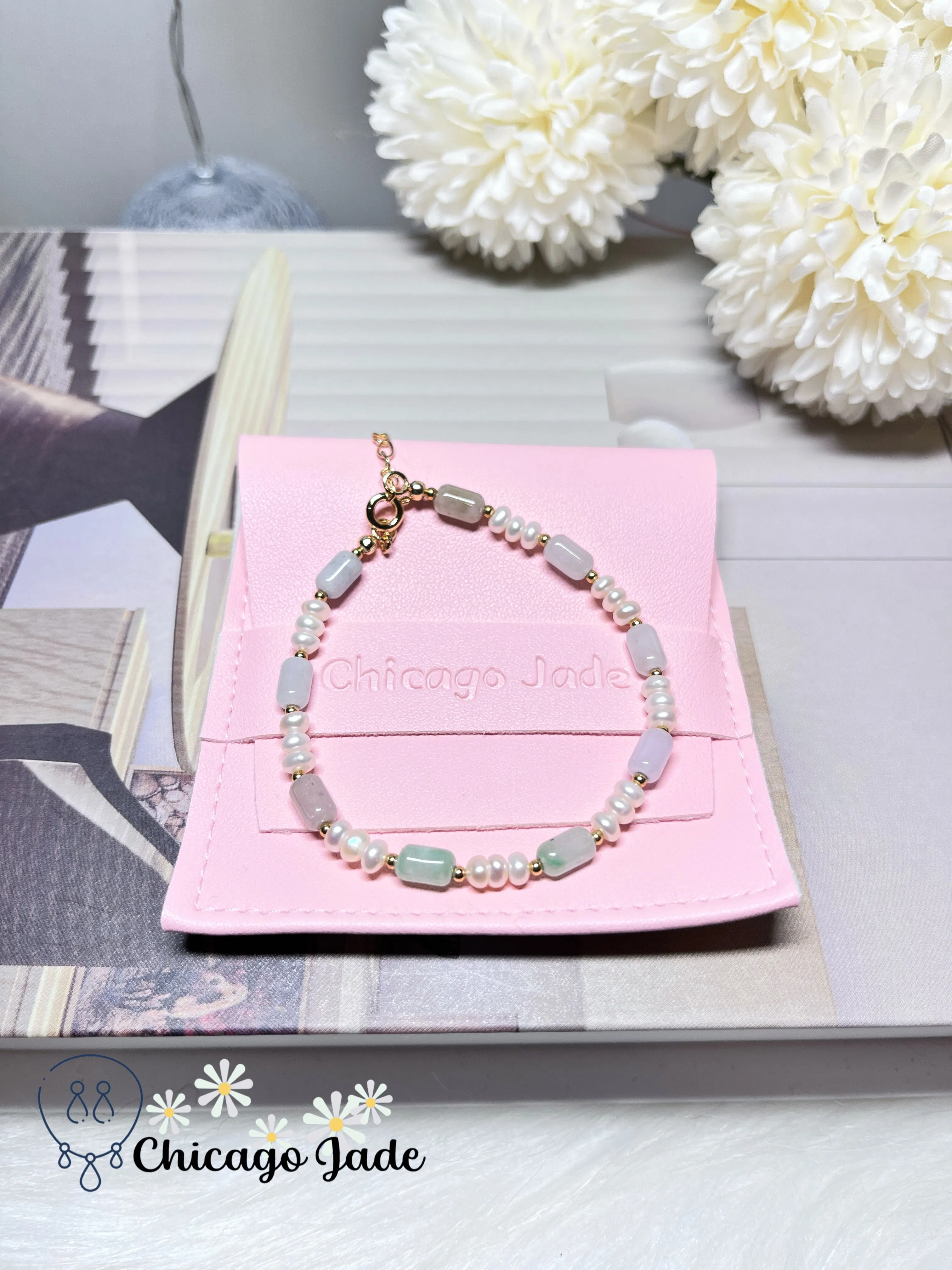 Natural Freshwater Pearls with Natural Untreated Grade A Barrel Shaped Jadeite Jade Feicui Beaded Bracelet