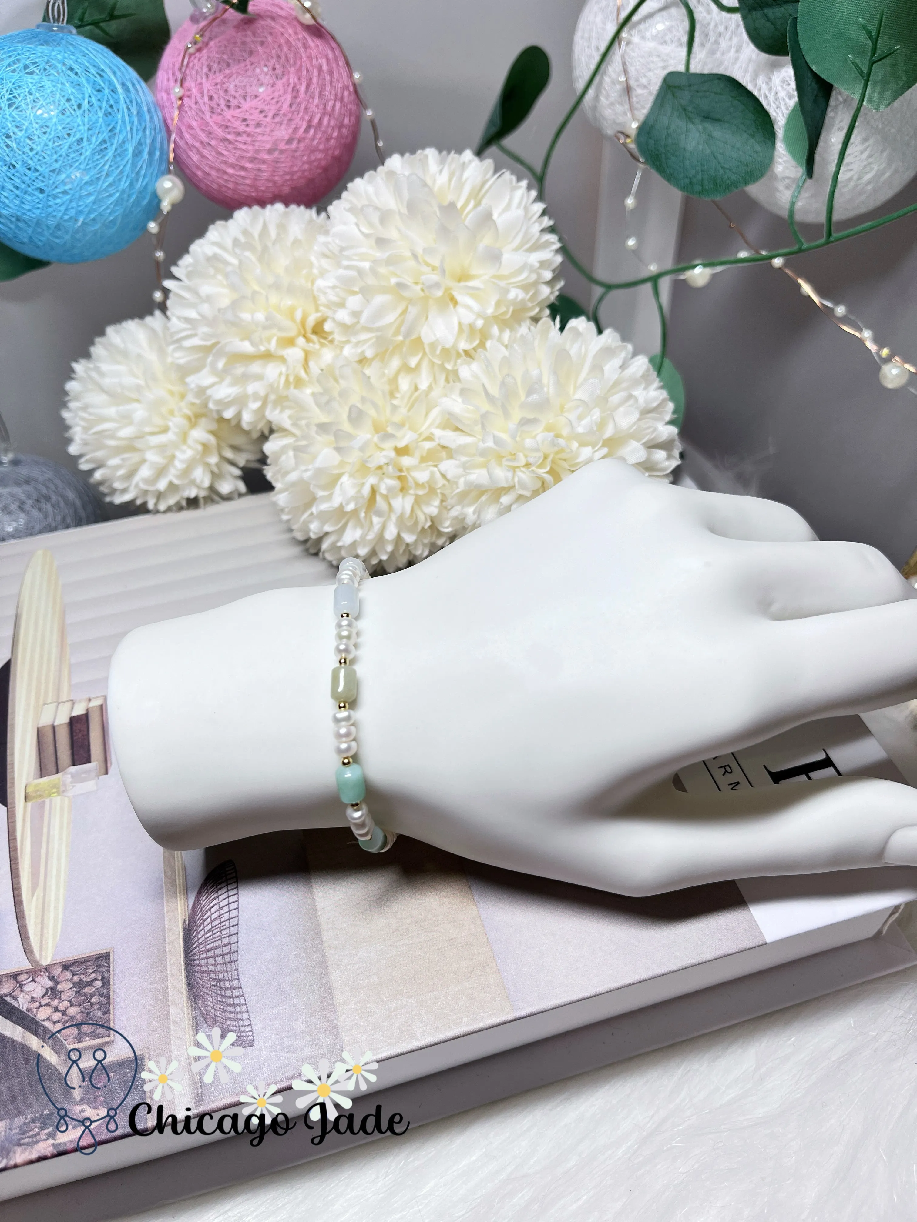 Natural Grade A Authentic Untreated Burma Jadeite Jade Feicui Beaded Bracelet with Freshwater Pearls