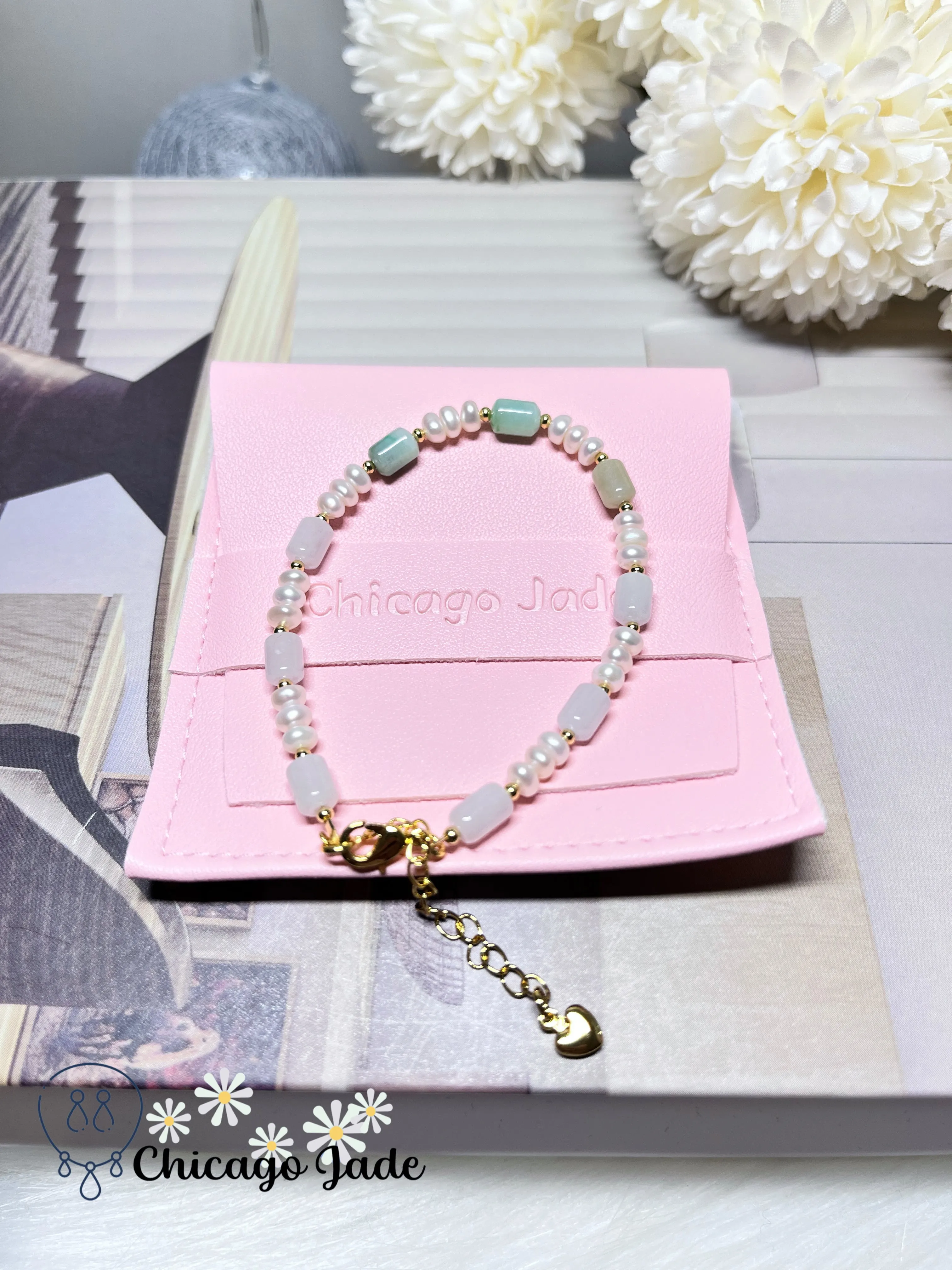 Natural Grade A Authentic Untreated Burma Jadeite Jade Feicui Beaded Bracelet with Freshwater Pearls