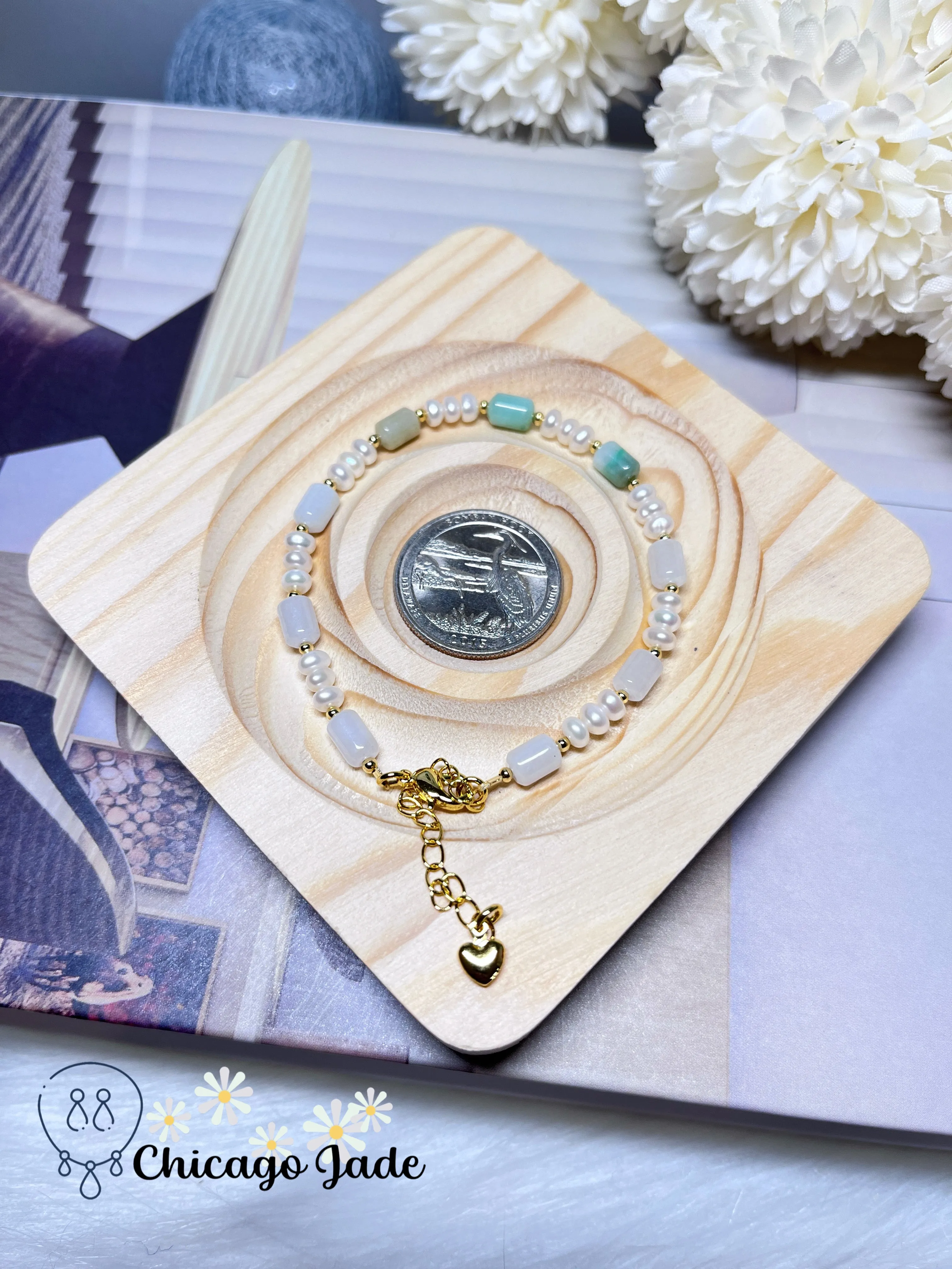 Natural Grade A Authentic Untreated Burma Jadeite Jade Feicui Beaded Bracelet with Freshwater Pearls