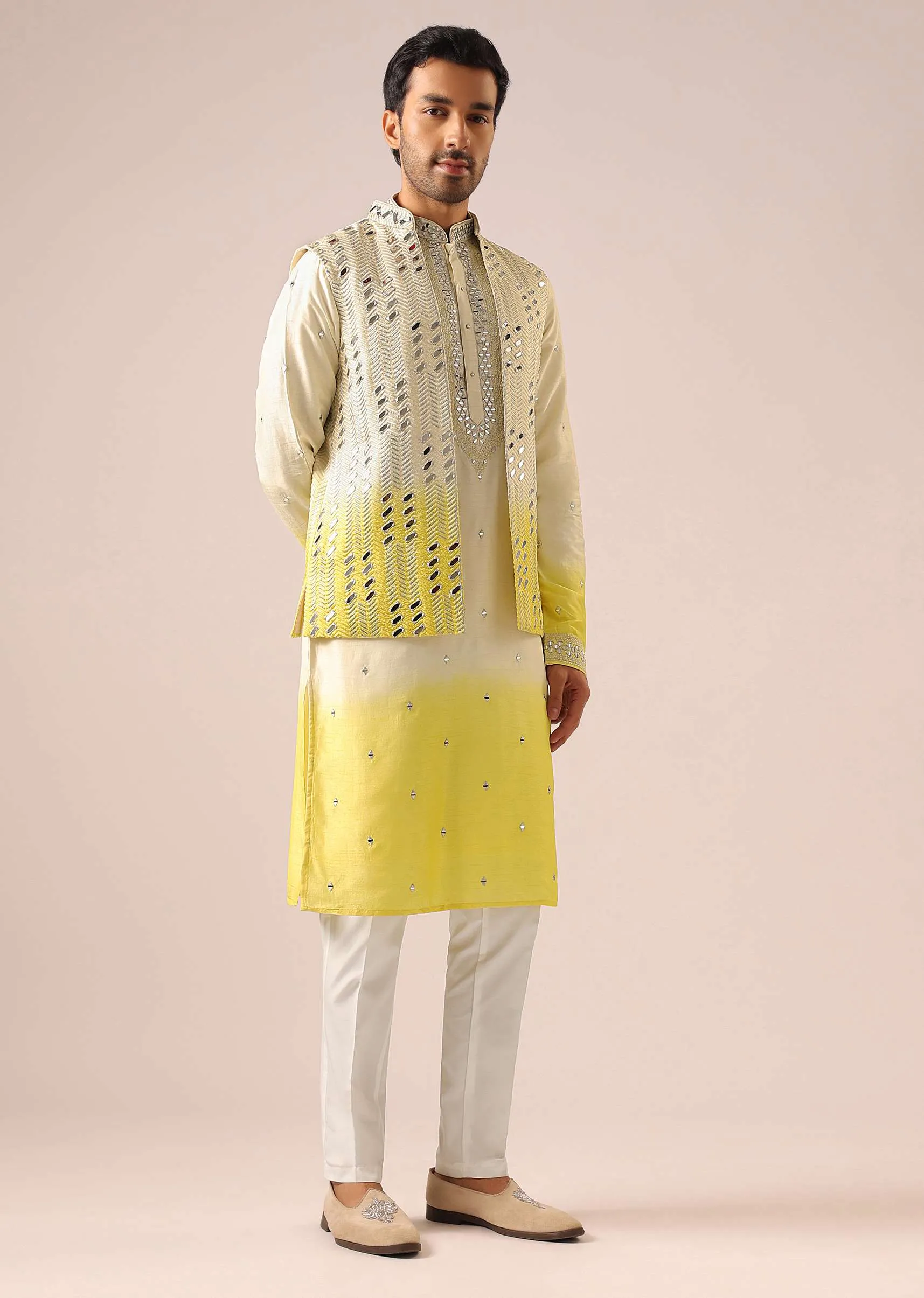 Ombre Yellow Jacket And Kurta Set with Mirror Work