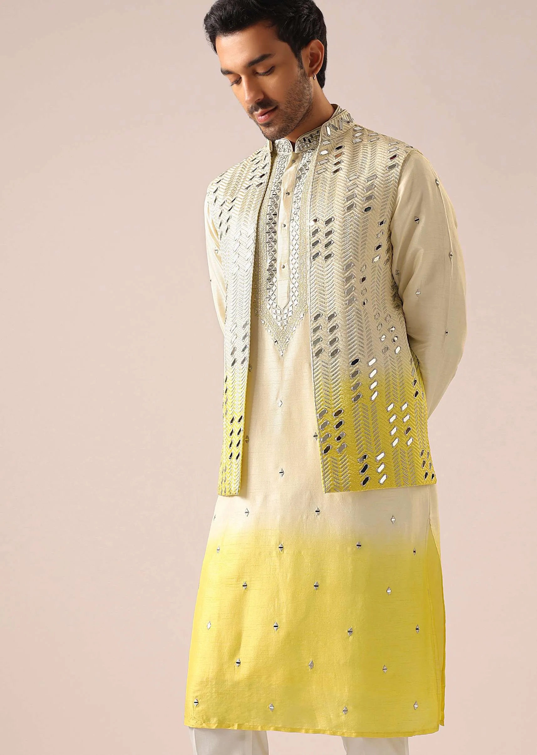 Ombre Yellow Jacket And Kurta Set with Mirror Work