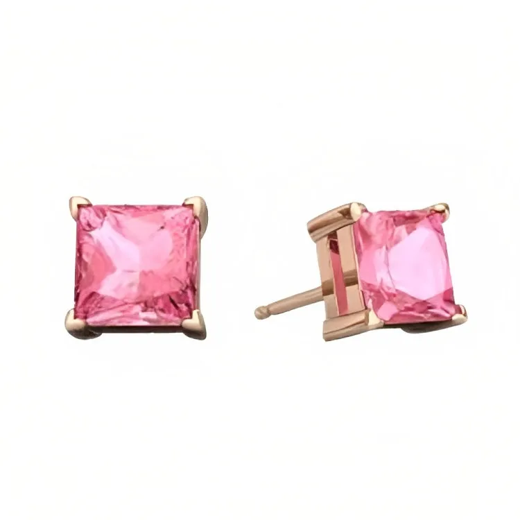 Paris Jewelry 18k Rose Gold 2 Pair Created Pink Sapphire 6mm Round & Princess Cut Stud Earrings Plated