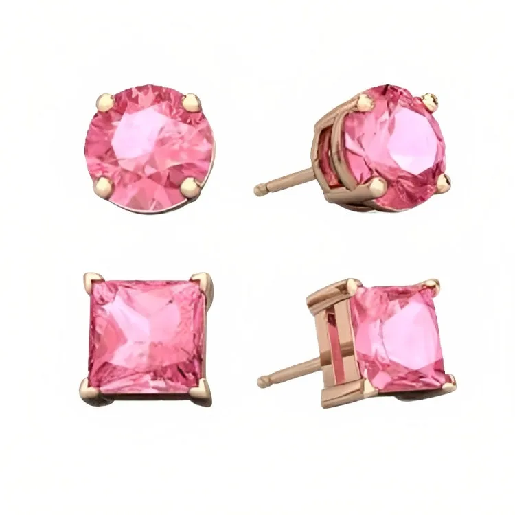 Paris Jewelry 18k Rose Gold 2 Pair Created Pink Sapphire 6mm Round & Princess Cut Stud Earrings Plated