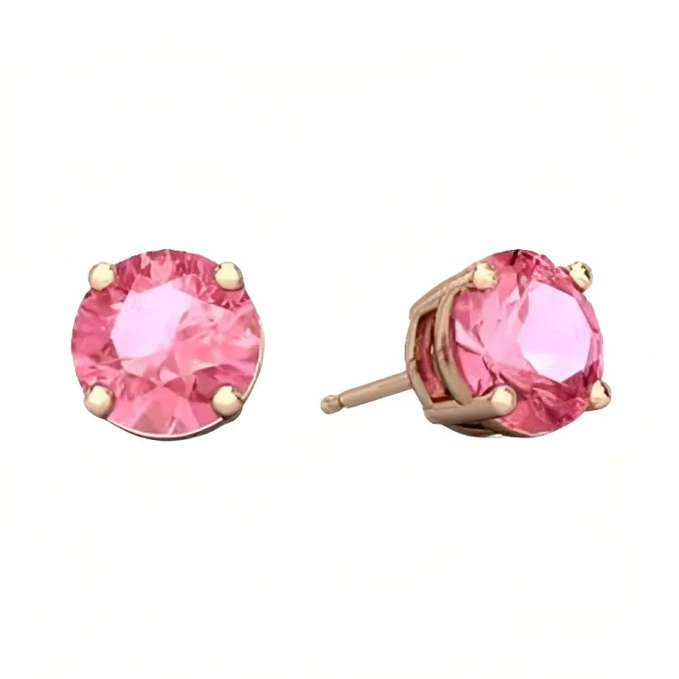 Paris Jewelry 18k Rose Gold 2 Pair Created Pink Sapphire 6mm Round & Princess Cut Stud Earrings Plated