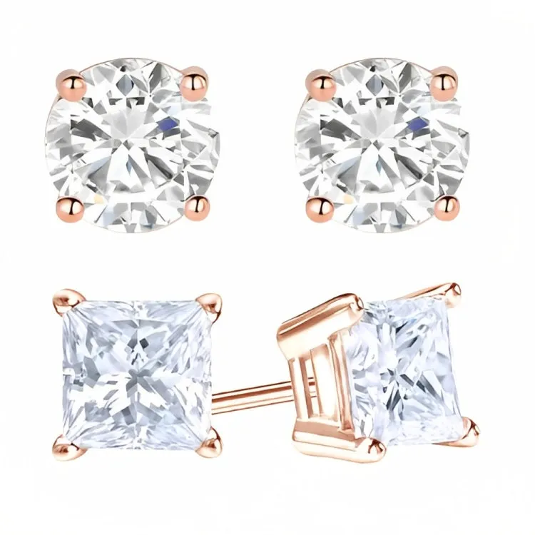 Paris Jewelry 18k Rose Gold 2 Pair Created White Sapphire 6mm Round & Princess Cut Stud Earrings Plated