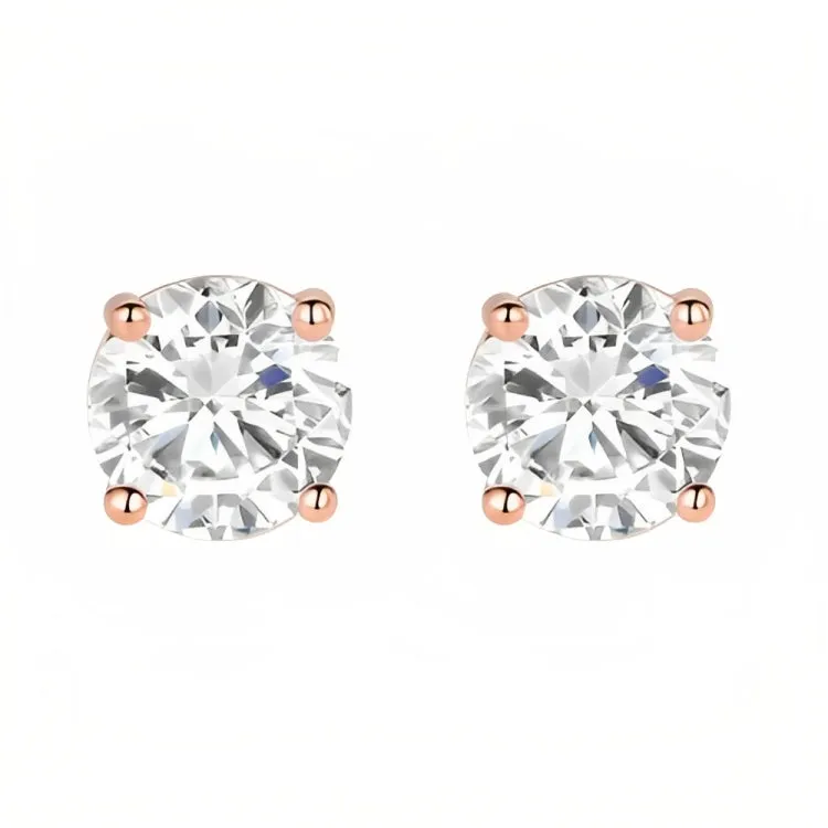 Paris Jewelry 18k Rose Gold 2 Pair Created White Sapphire 6mm Round & Princess Cut Stud Earrings Plated