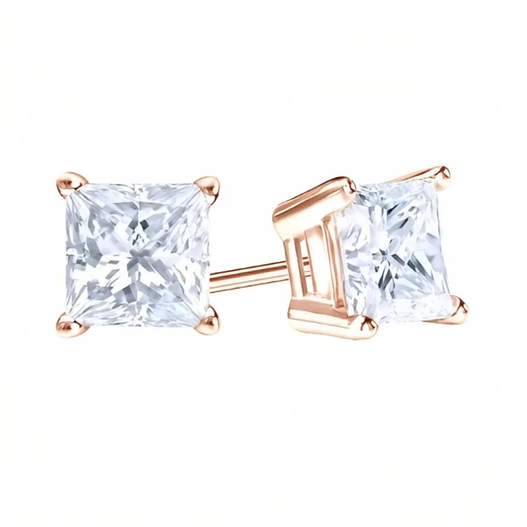 Paris Jewelry 18k Rose Gold 2 Pair Created White Sapphire 6mm Round & Princess Cut Stud Earrings Plated
