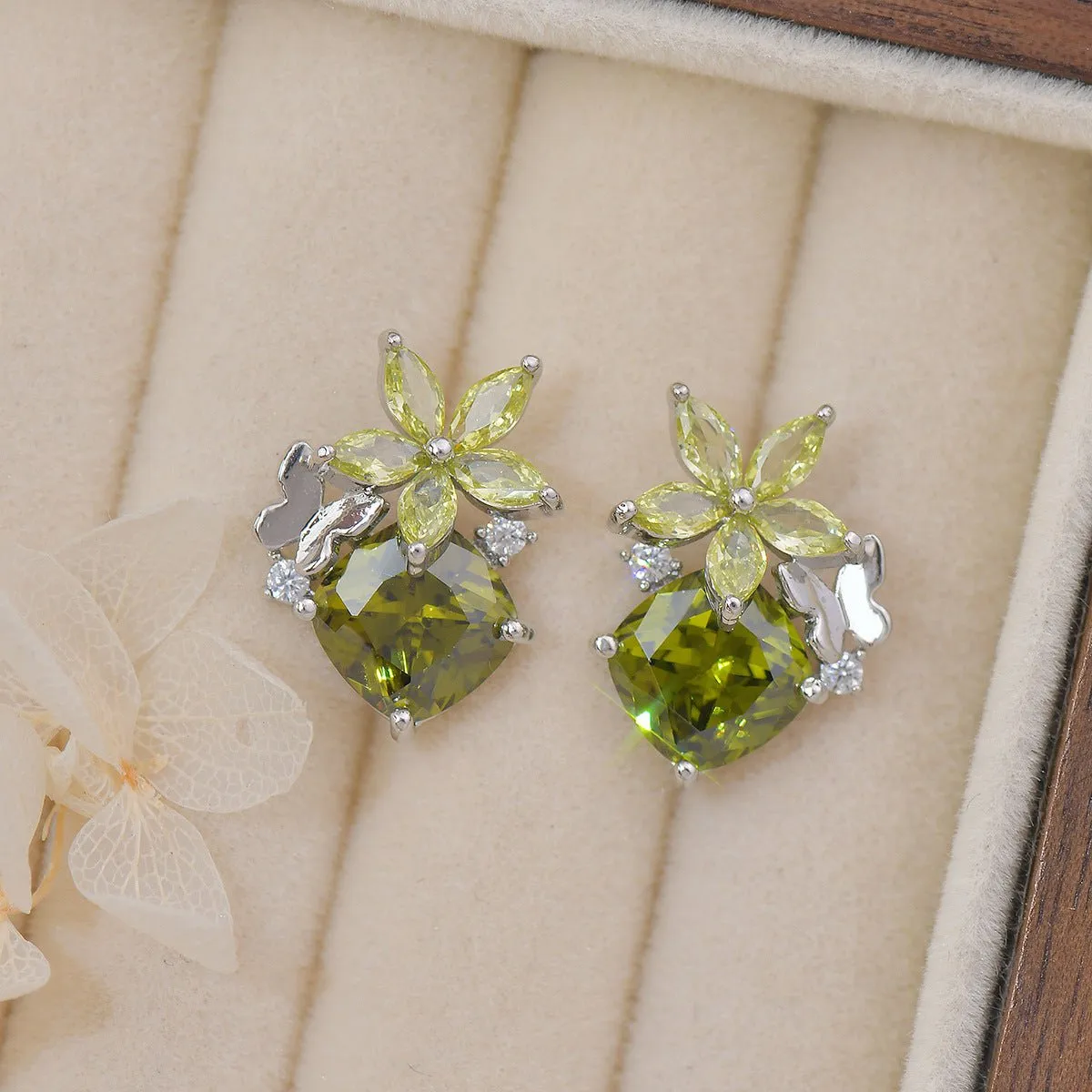 Peridot Flower Butterfly Earrings