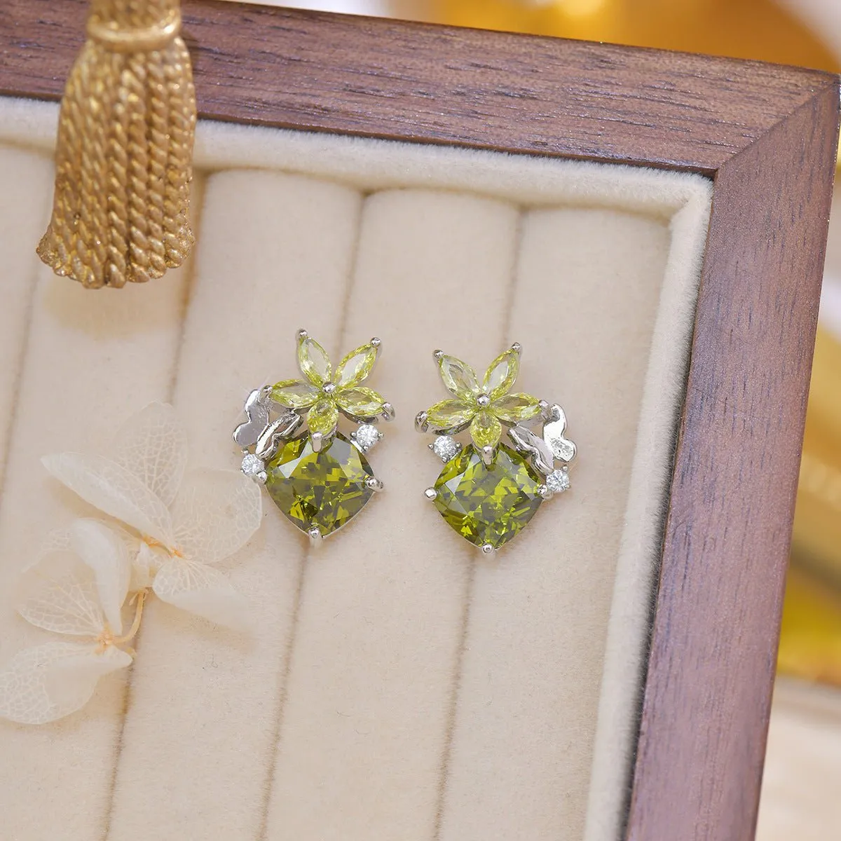 Peridot Flower Butterfly Earrings