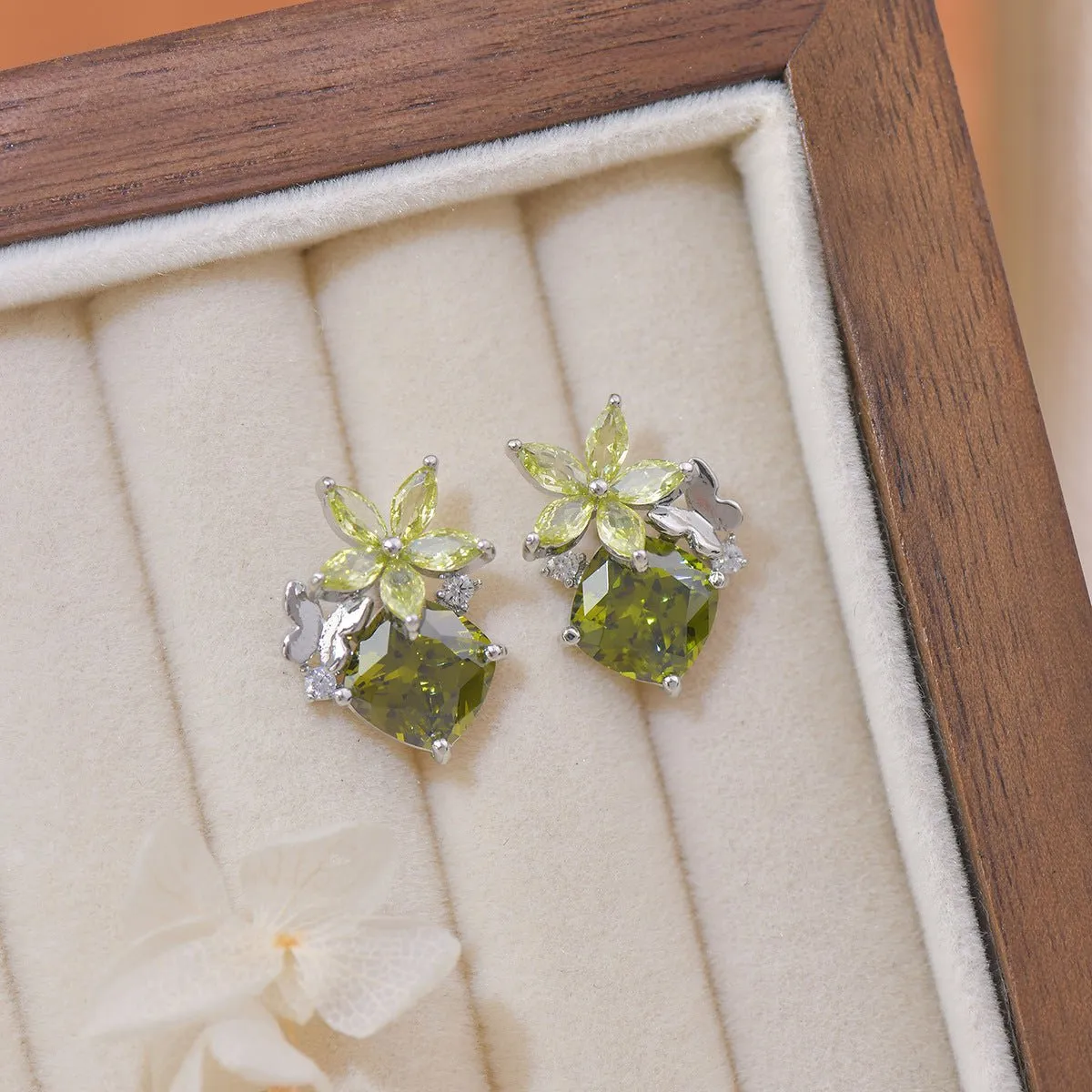 Peridot Flower Butterfly Earrings