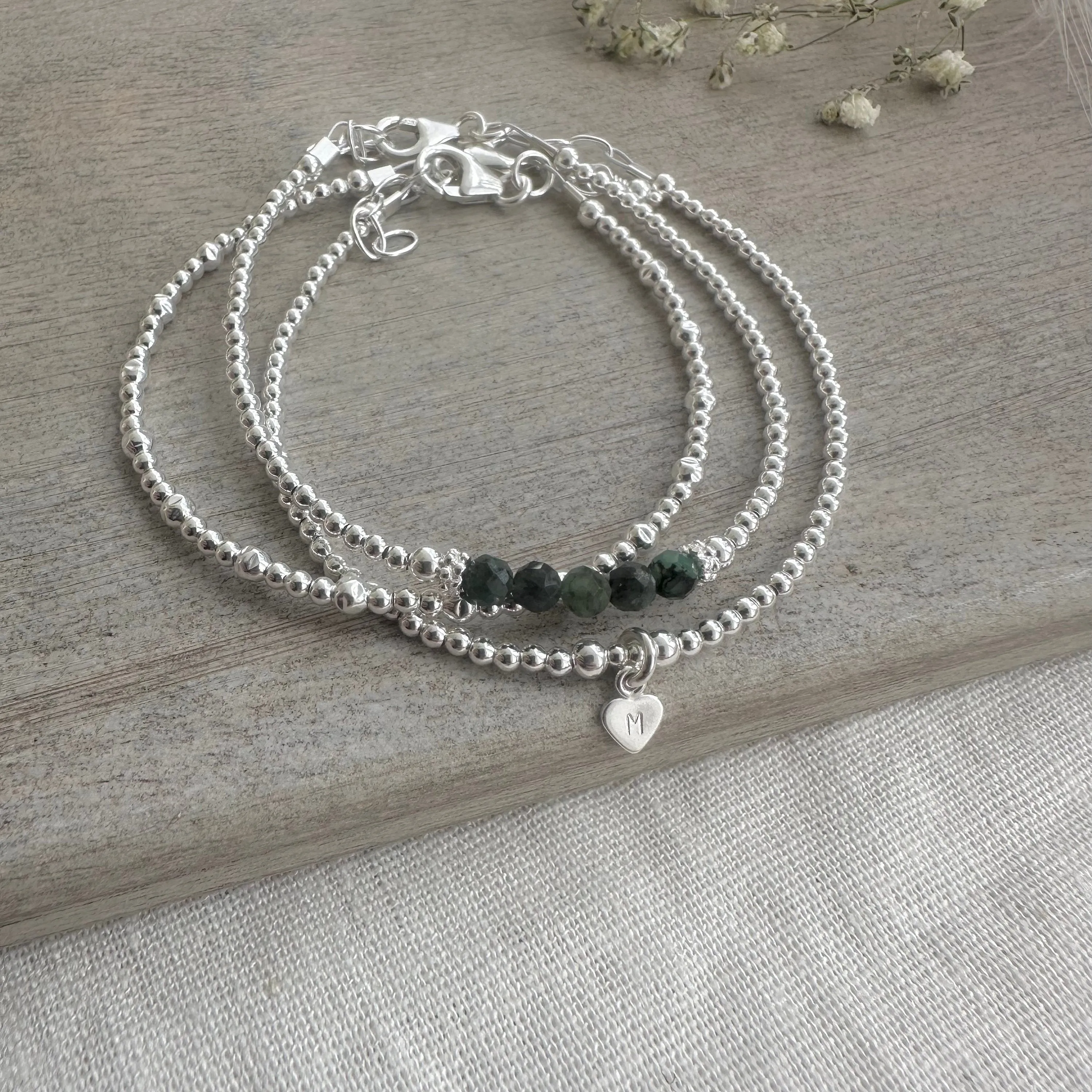 Personalised May Birthstone Emerald Bracelet Set, Dainty Sterling Silver Stacking Bracelets for Women